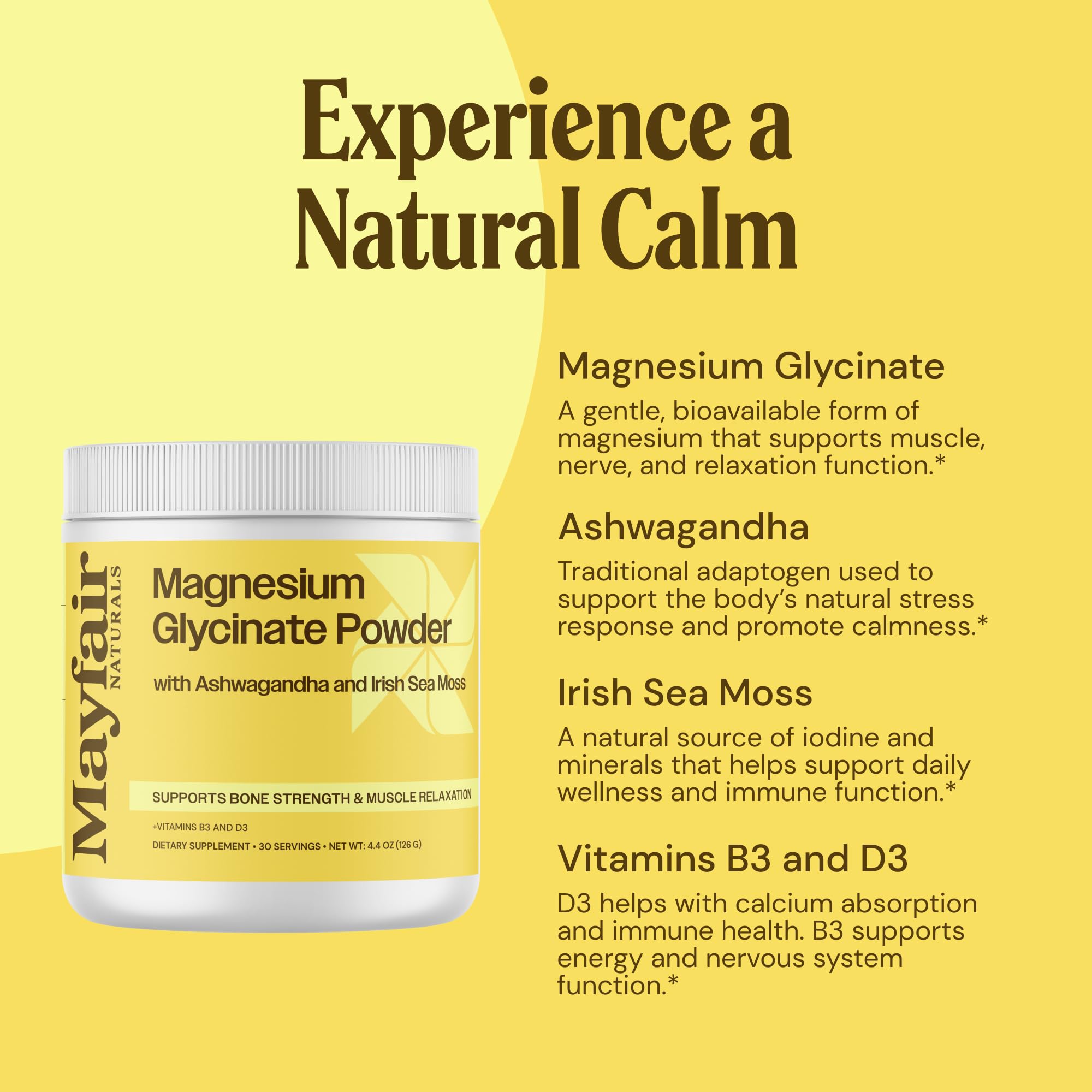 Mayfair Naturals Magnesium Supplement 125g with ingredients on display