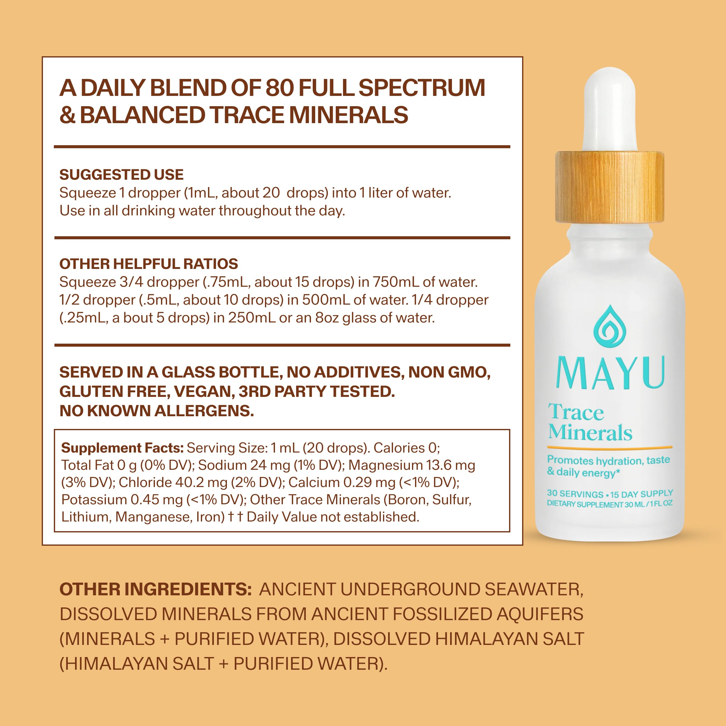 mayu Trace Mineral Drops 68g bottle on a kitchen counter
