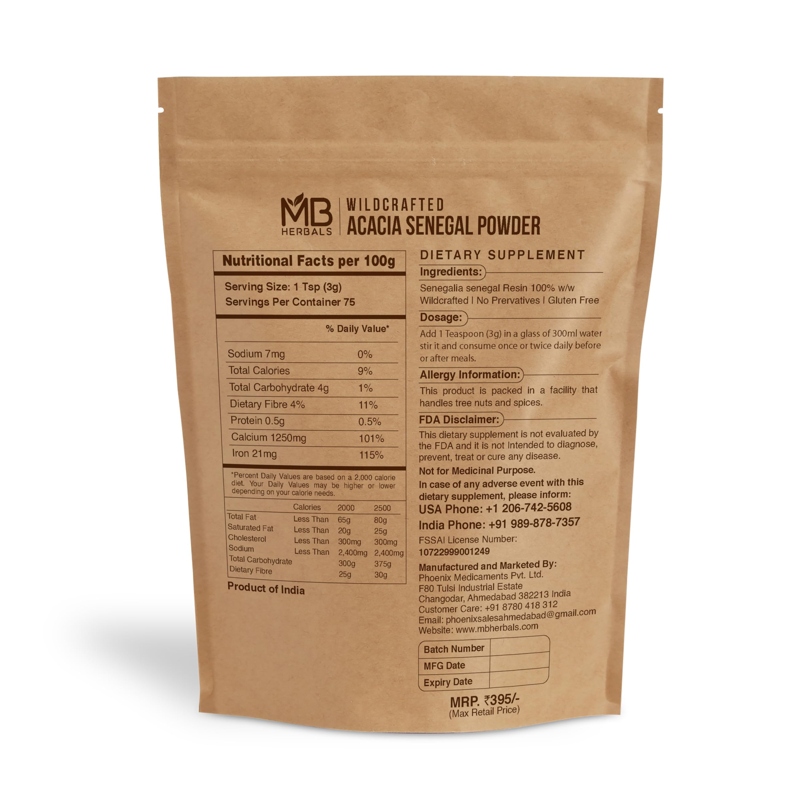 MB Herbals Acacia Senegal Gum Powder 227g packaging and resealable pouch