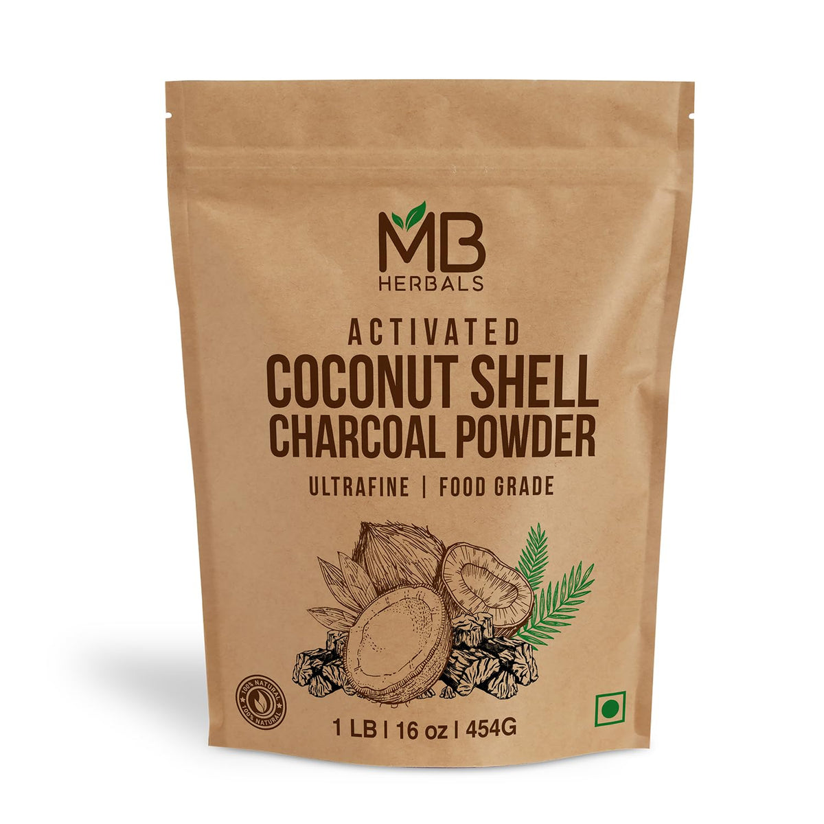 MB Herbals Activated Coconut Shell Charcoal Powder 1 lb pack front view