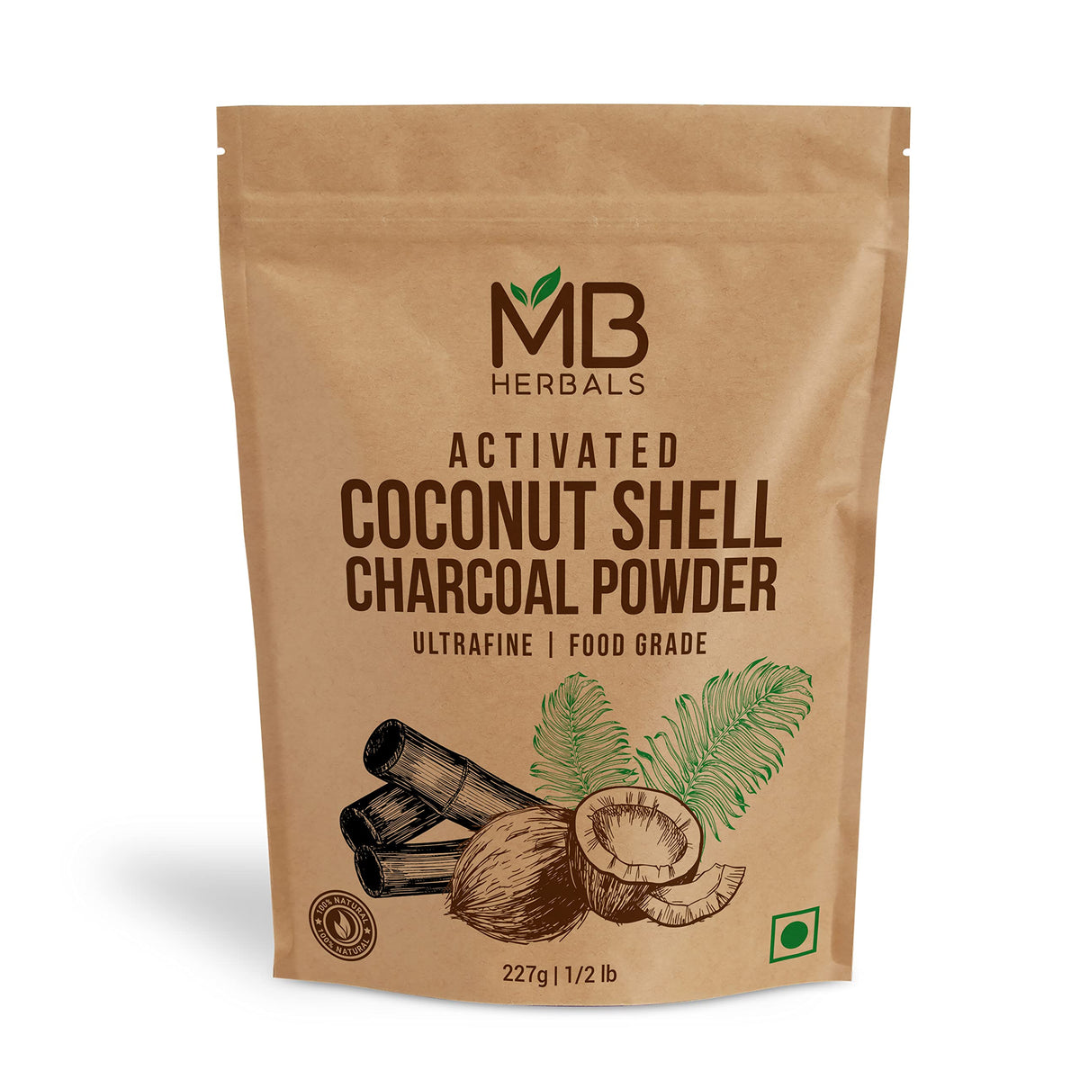 MB Herbals Activated Coconut Shell Charcoal Powder 227g front view