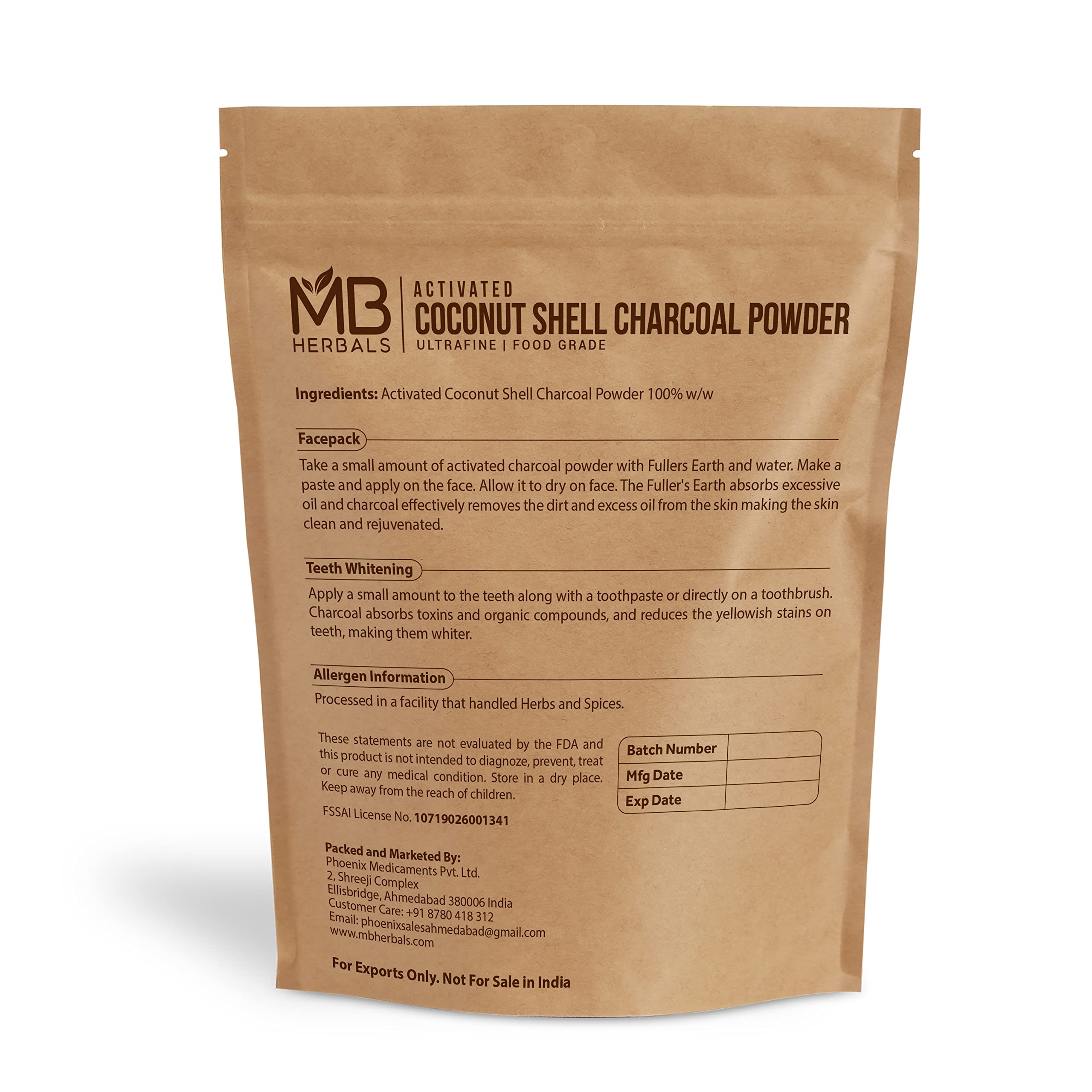 MB Herbals Activated Coconut Shell Charcoal Powder 227g packaging side view
