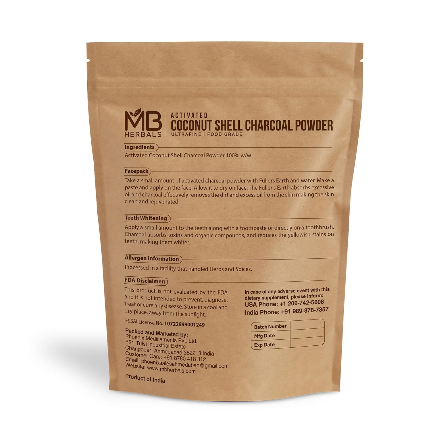 MB Herbals Activated Coconut Shell Charcoal Powder packaging and label details