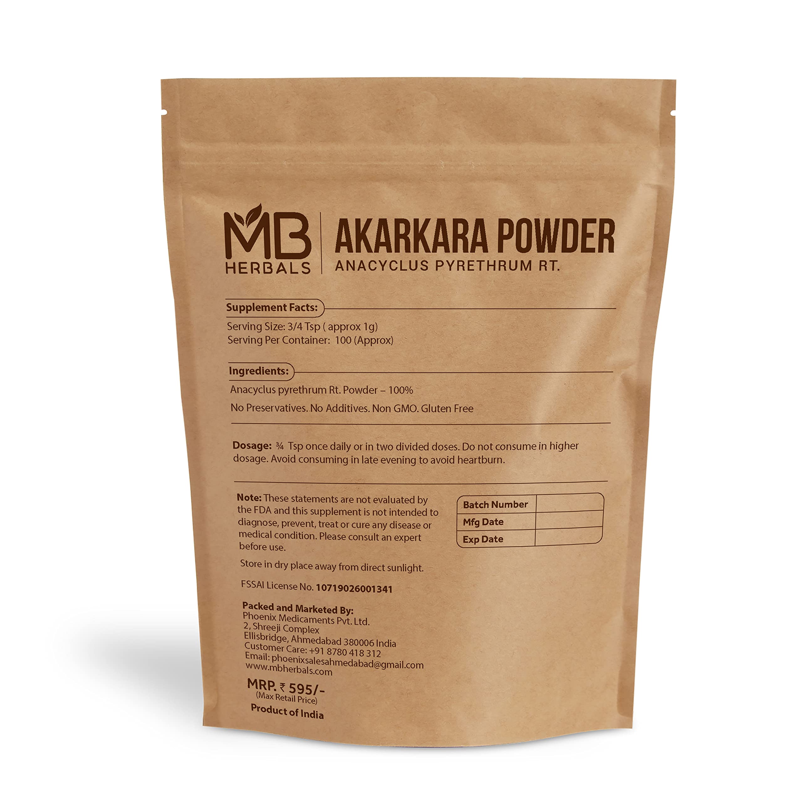 MB Herbals Akarkara Root Powder 100g back view with ingredient details