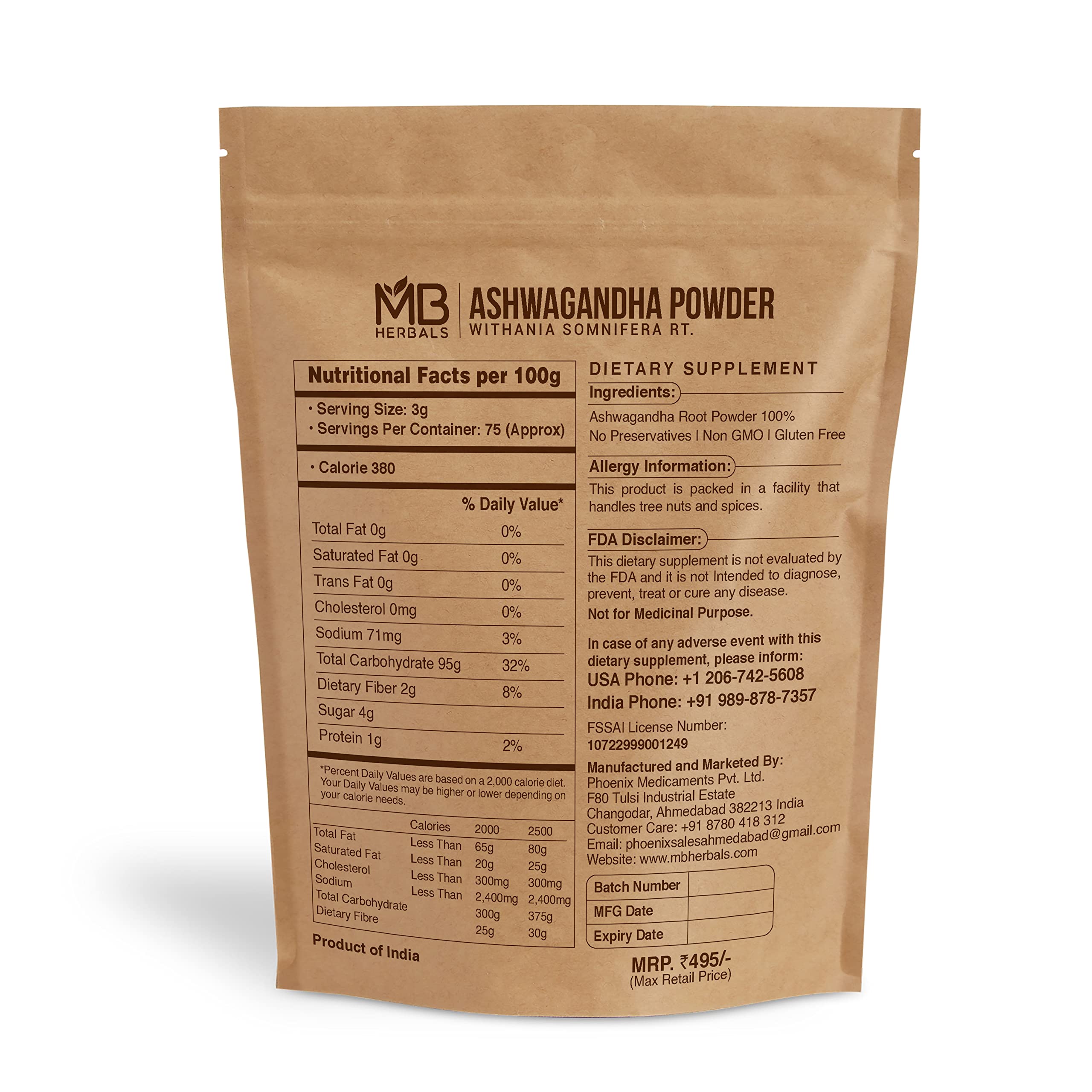 MB Herbals Ashwagandha Powder 8 oz back view with ingredient details