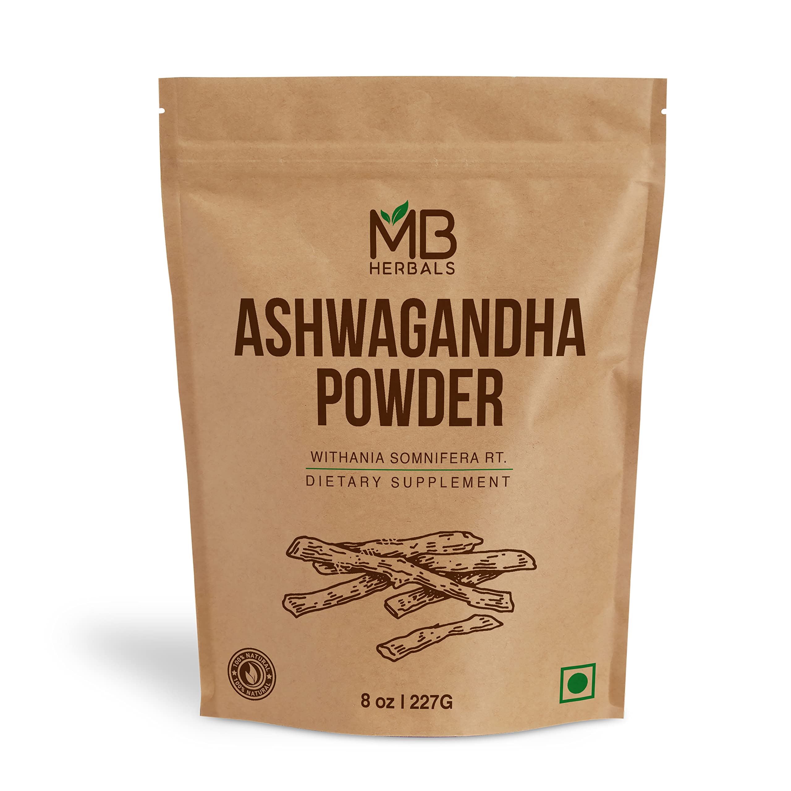 MB Herbals Ashwagandha Powder 8 oz front view packaging
