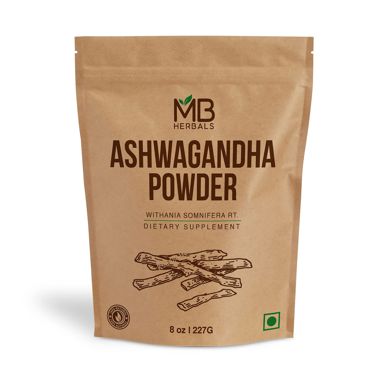 MB Herbals Ashwagandha Powder 8 oz front view packaging