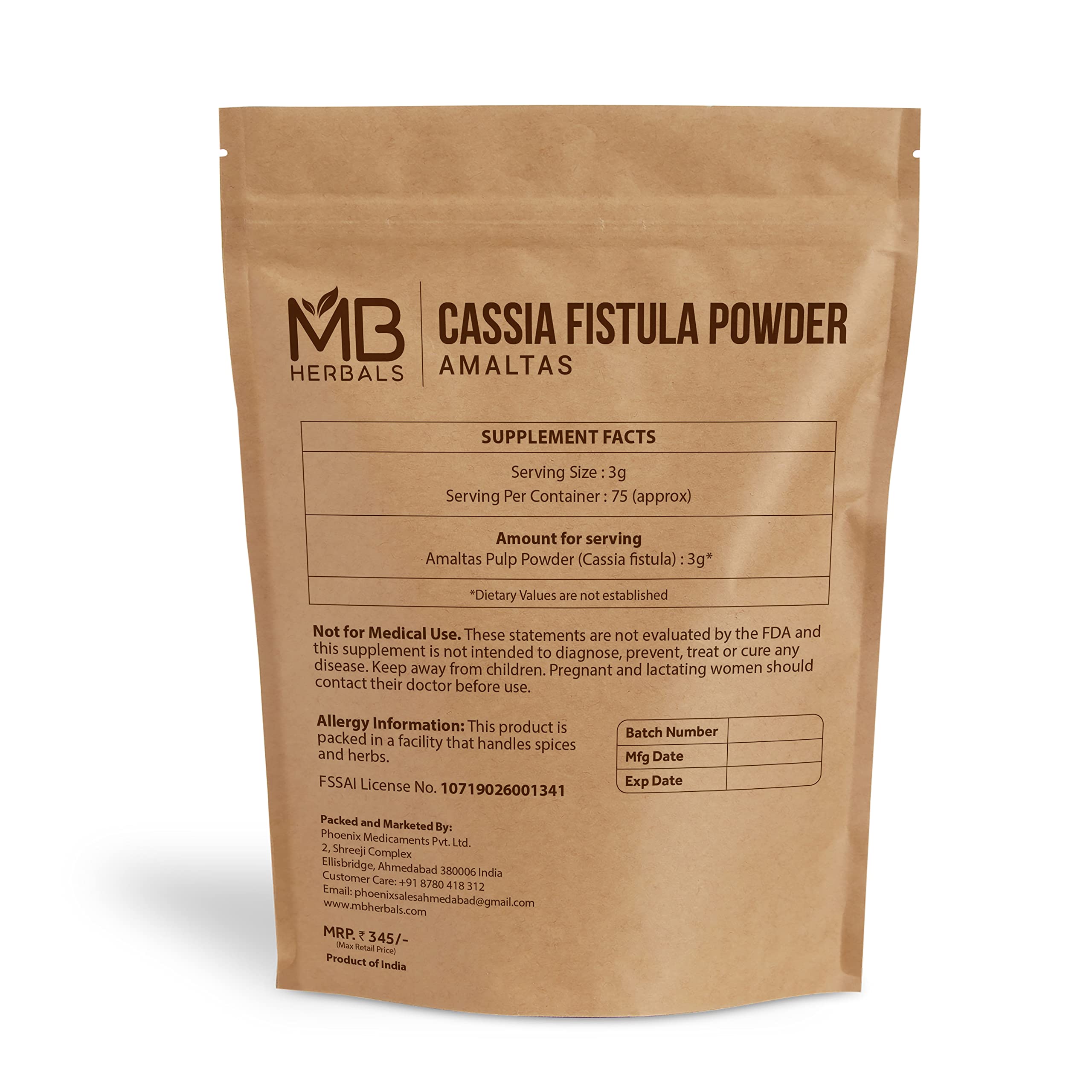 MB Herbals Cassia Fistula Powder 227g back view with ingredient details