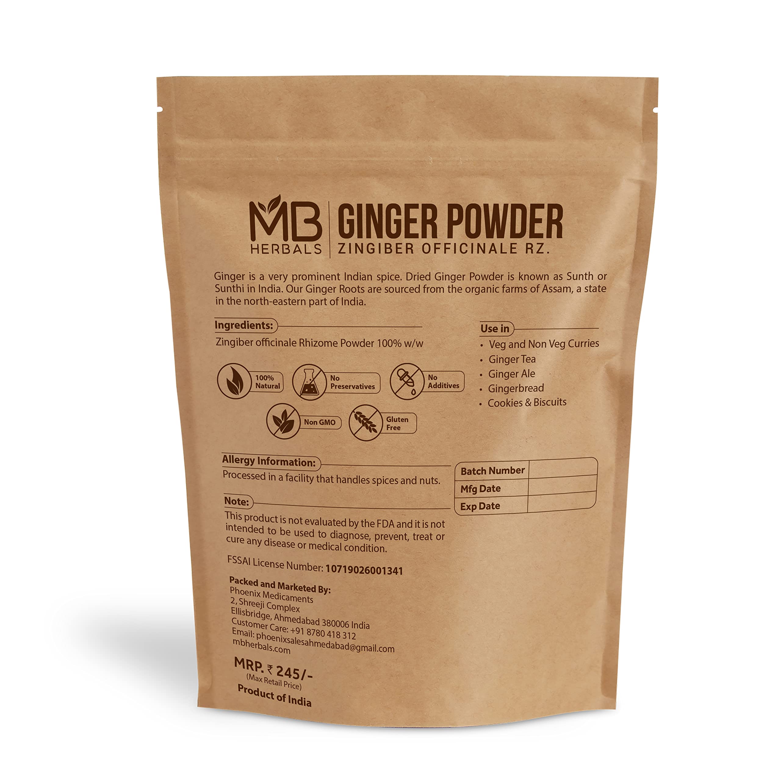 MB Herbals Ginger Supplement 227g packaging details
