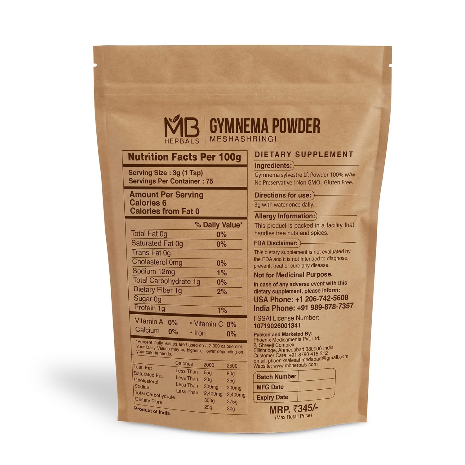 MB Herbals Gymnema Leaf Powder packaging and details