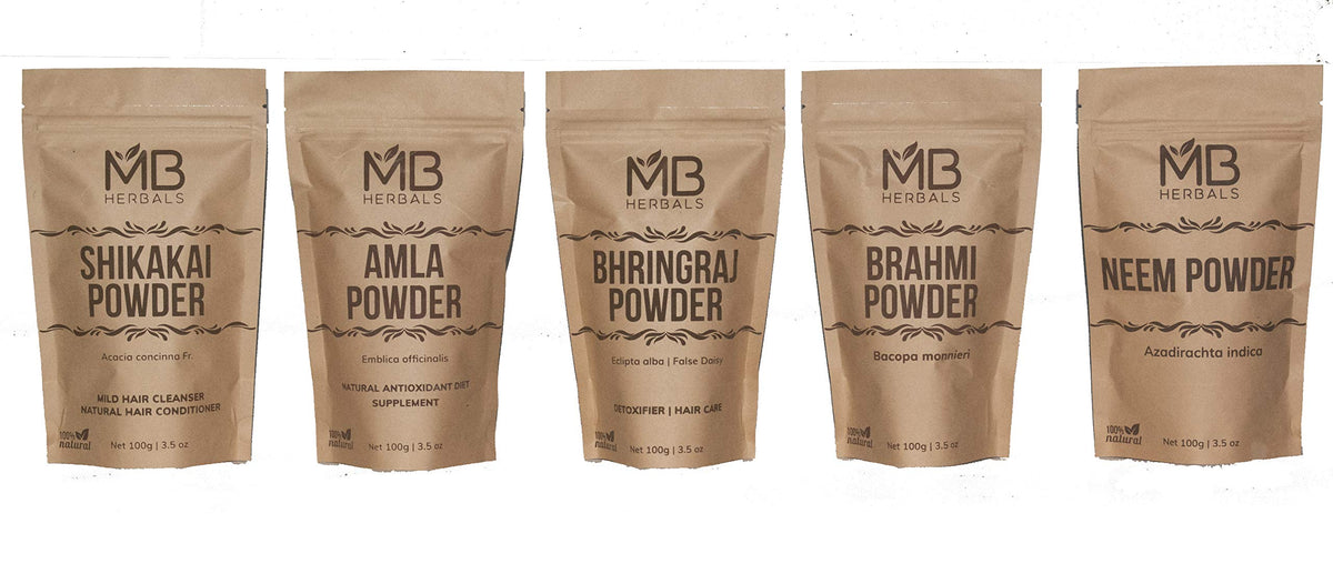 MB Herbals Hair Care Powders 525g packaging front view with pouches