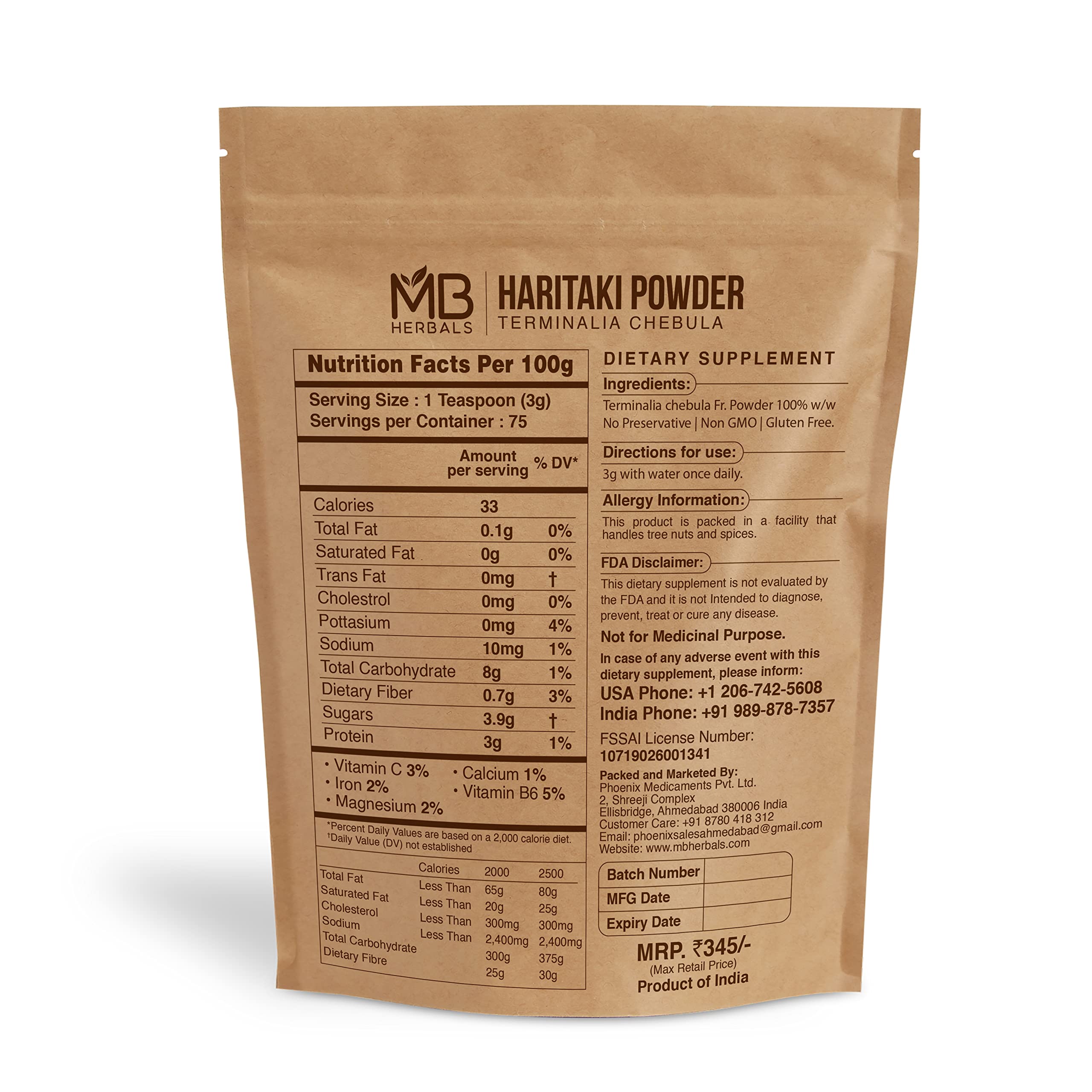 MB Herbals Haritaki Powder 227g back view showing ingredients