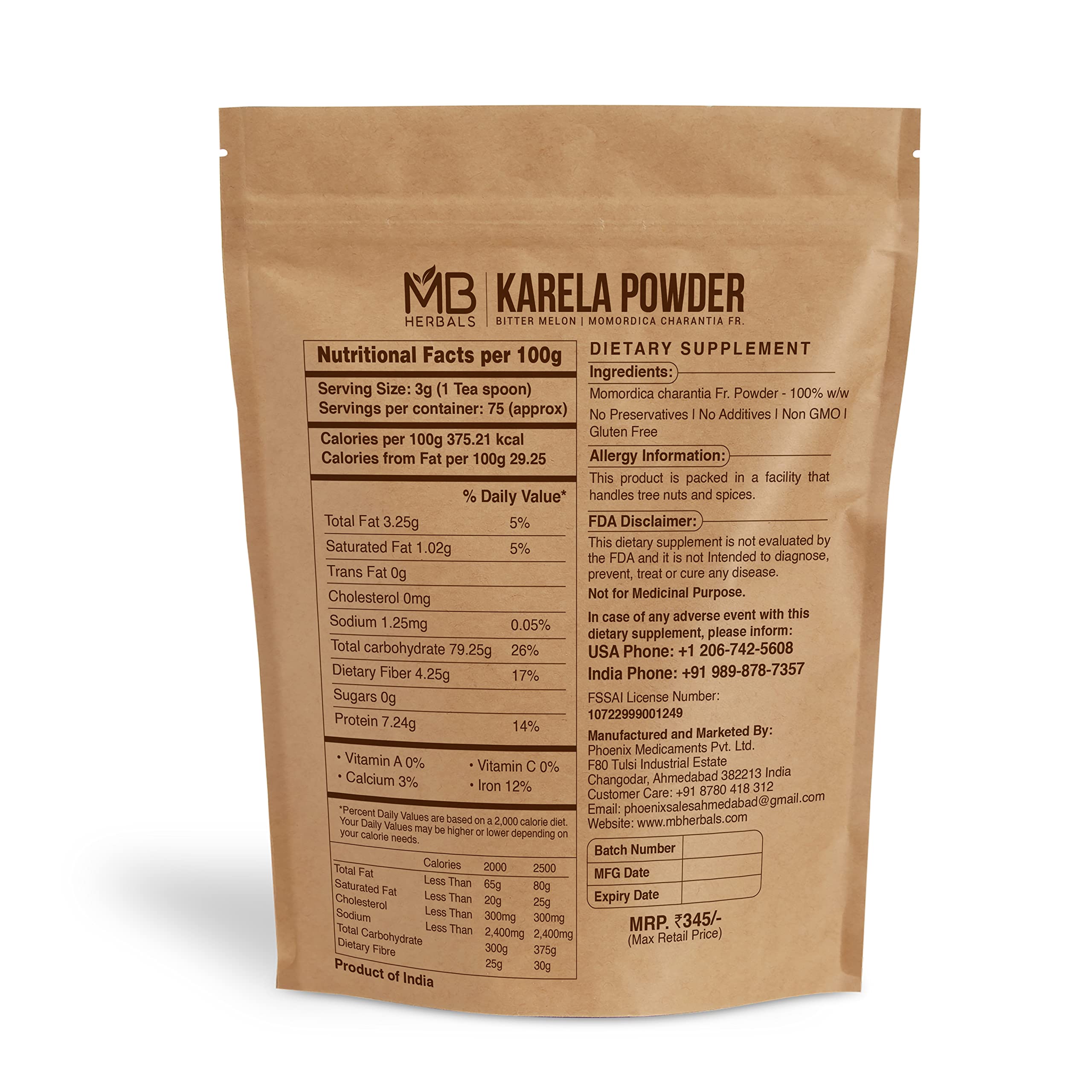 MB Herbals Karela Powder 240g back view with ingredients