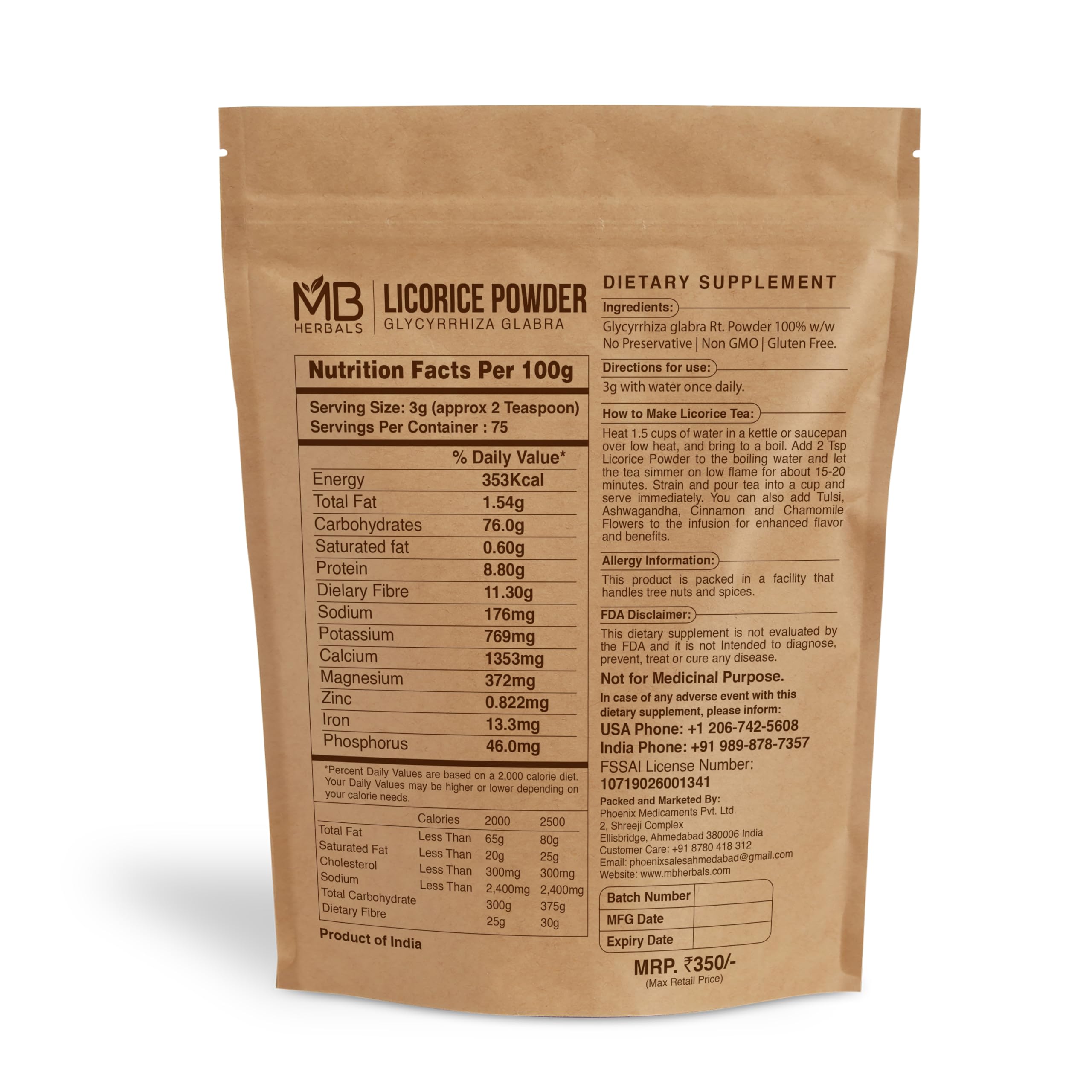 MB Herbals Licorice Root Powder 227g back view showing ingredients and nutritional information