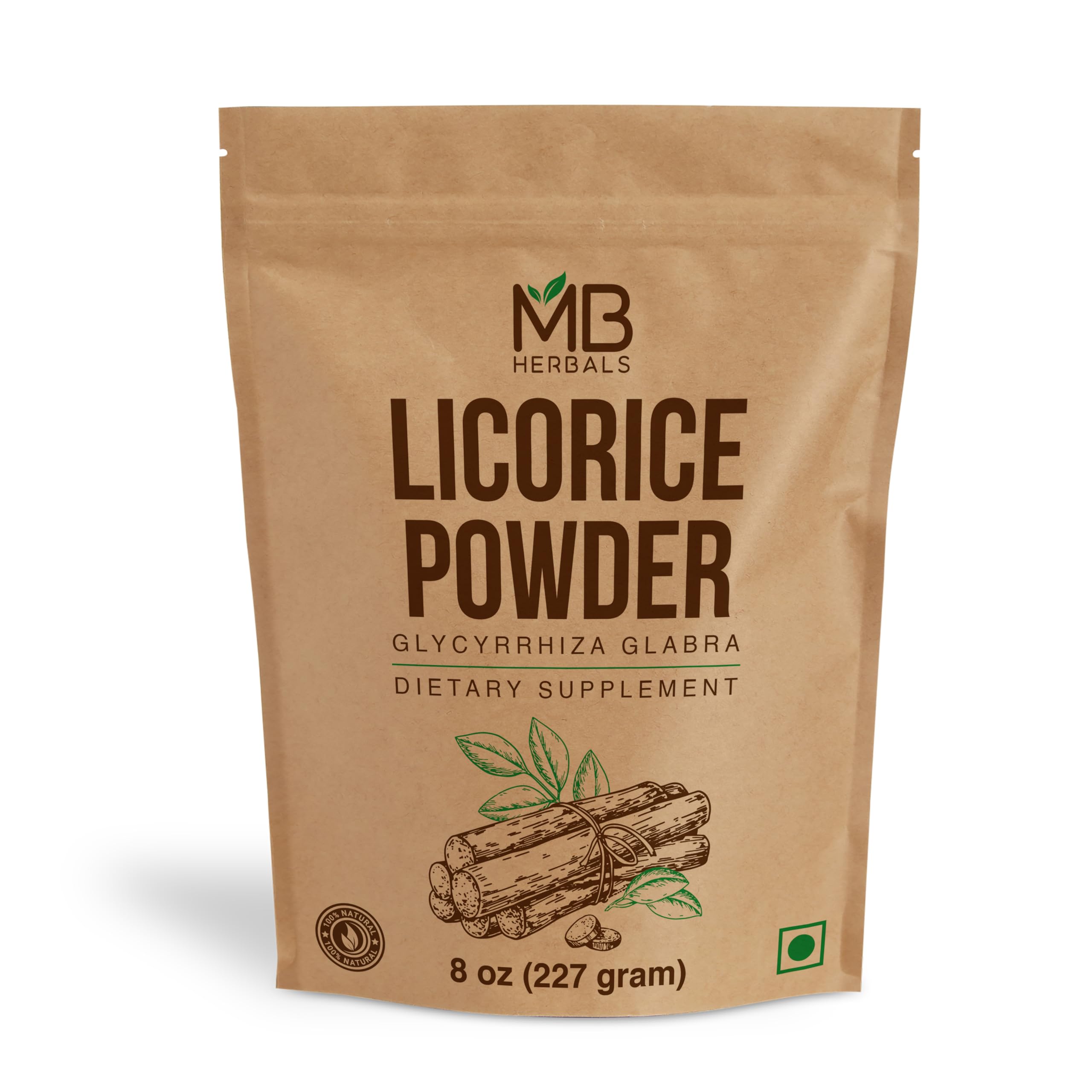 MB Herbals Licorice Root Powder 227g front view with resealable pouch