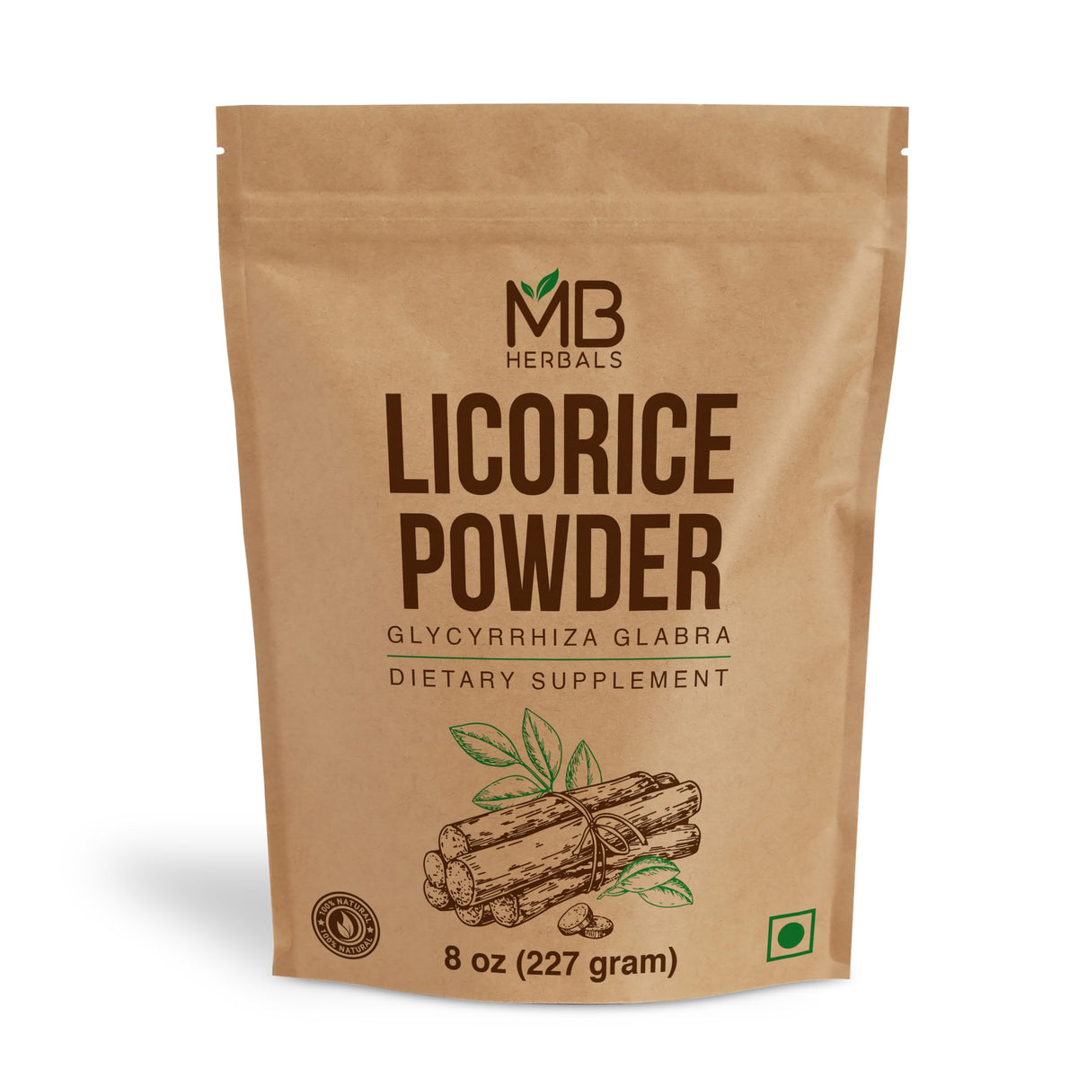MB Herbals Licorice Root Powder 227g front view with resealable pouch