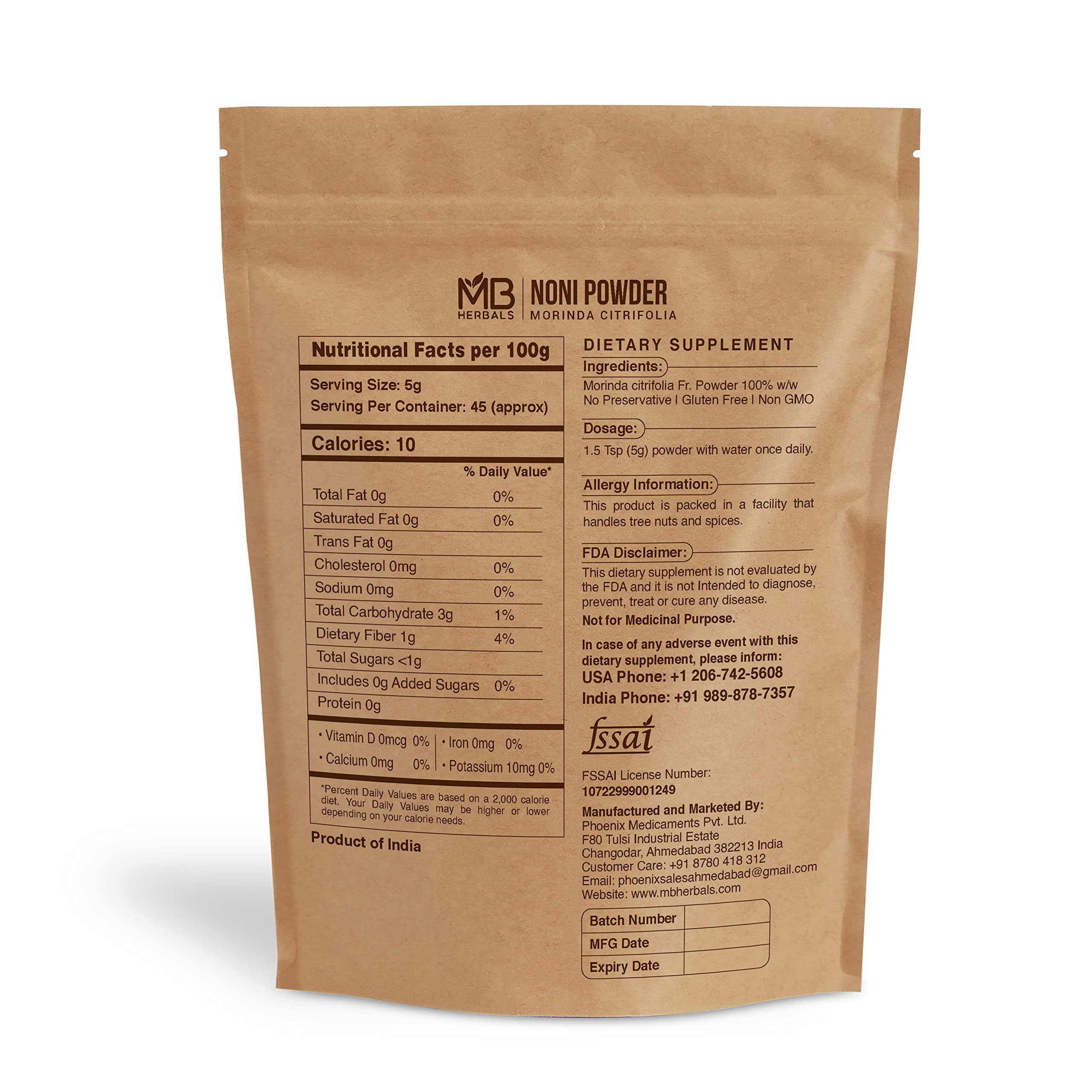 MB Herbals Noni Powder 8 oz back view with ingredient details
