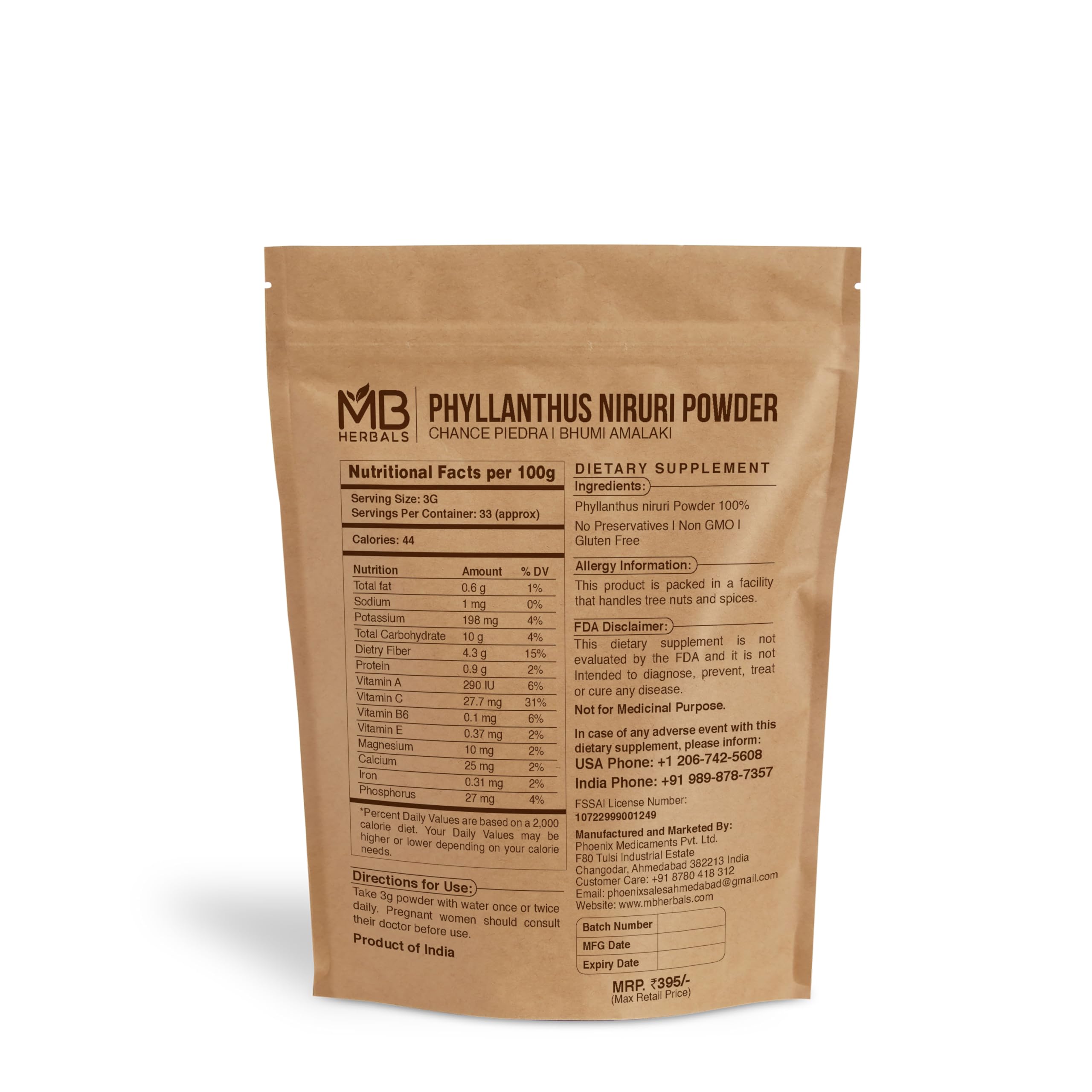 MB Herbals Phyllanthus Niruri Powder packaging and details