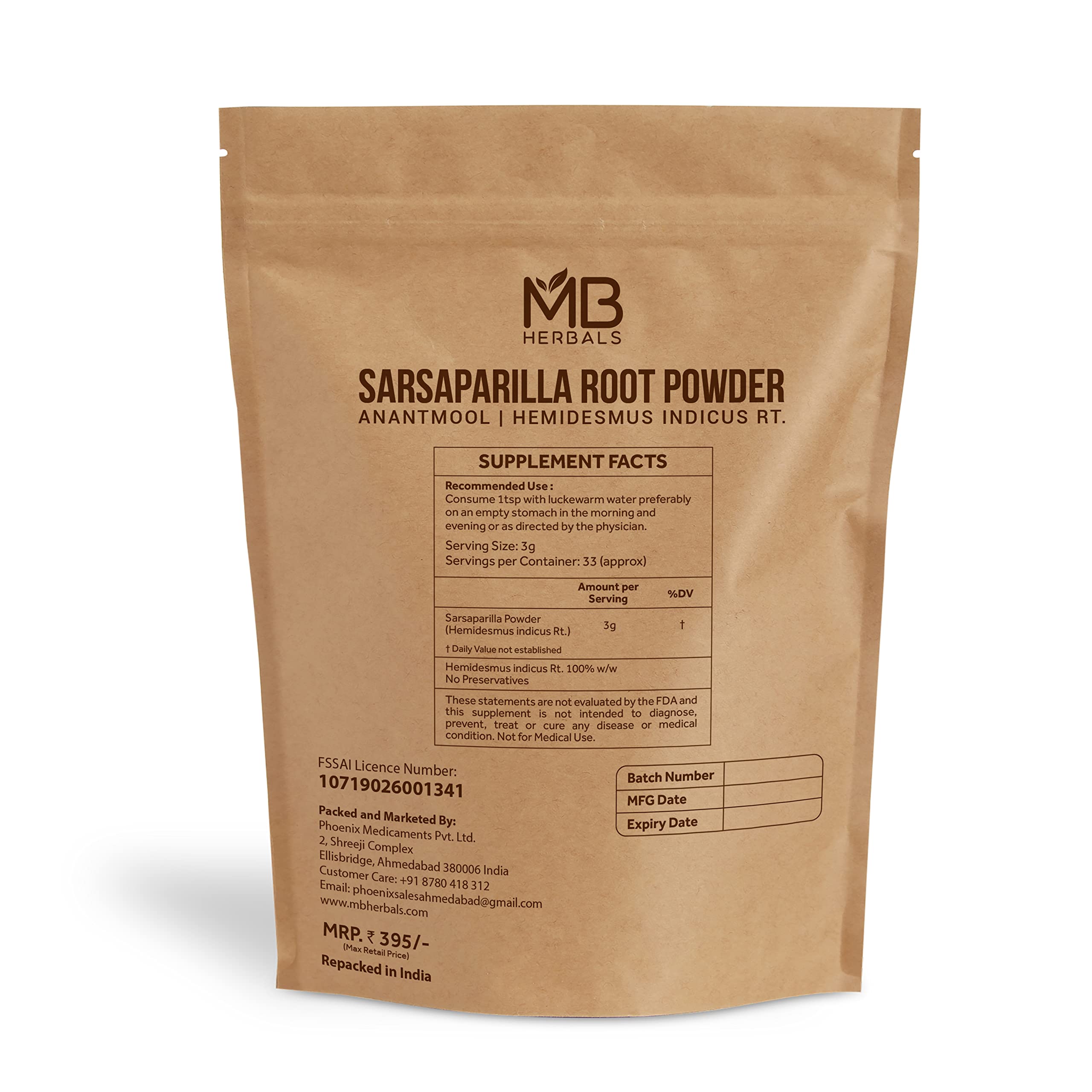 MB Herbals Sarsaparilla Powder 100g back view showing ingredients