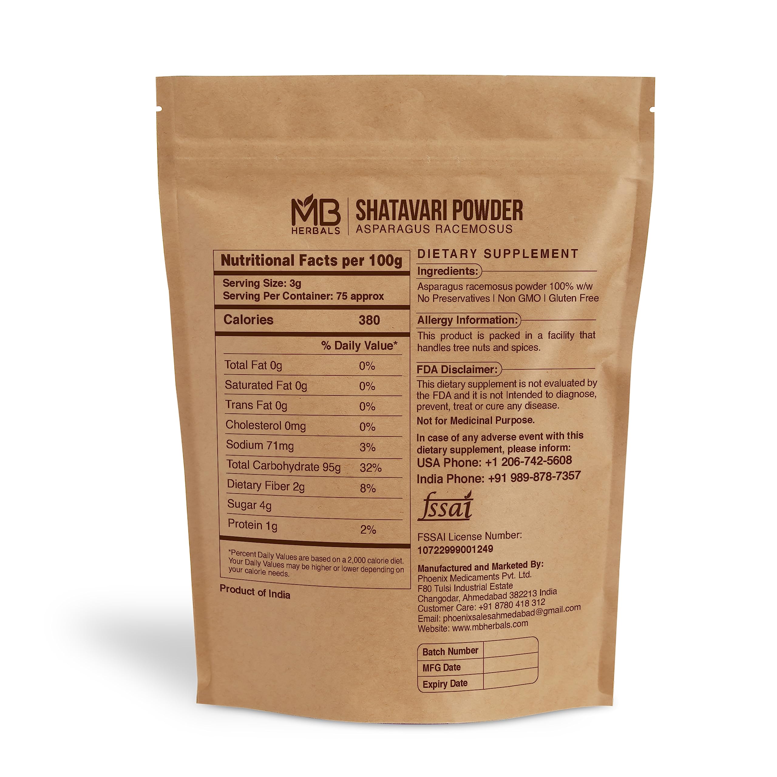 MB Herbals Shatavari Powder 240g back view showing ingredients