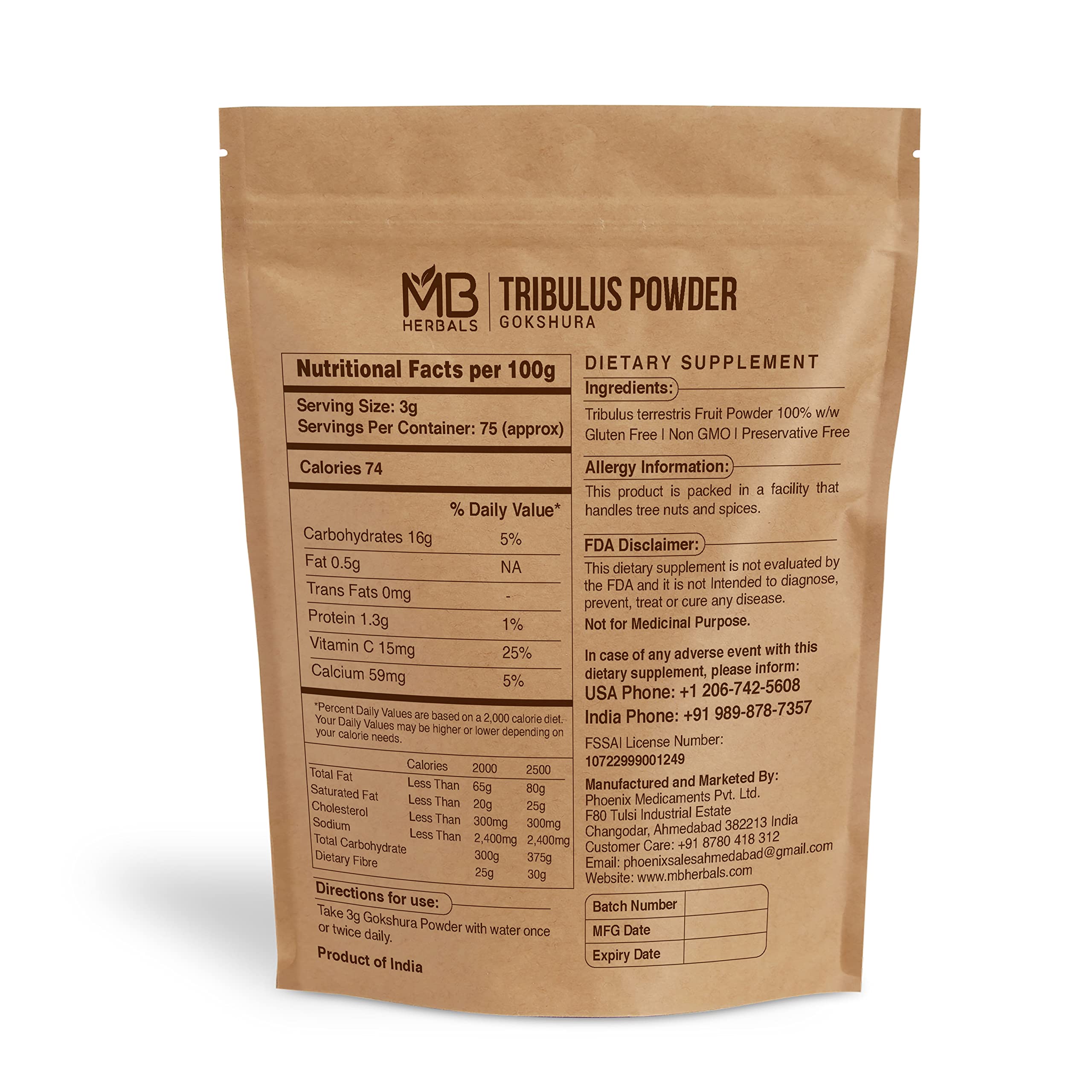 MB Herbals Tribulus Powder 240g back view with ingredient details