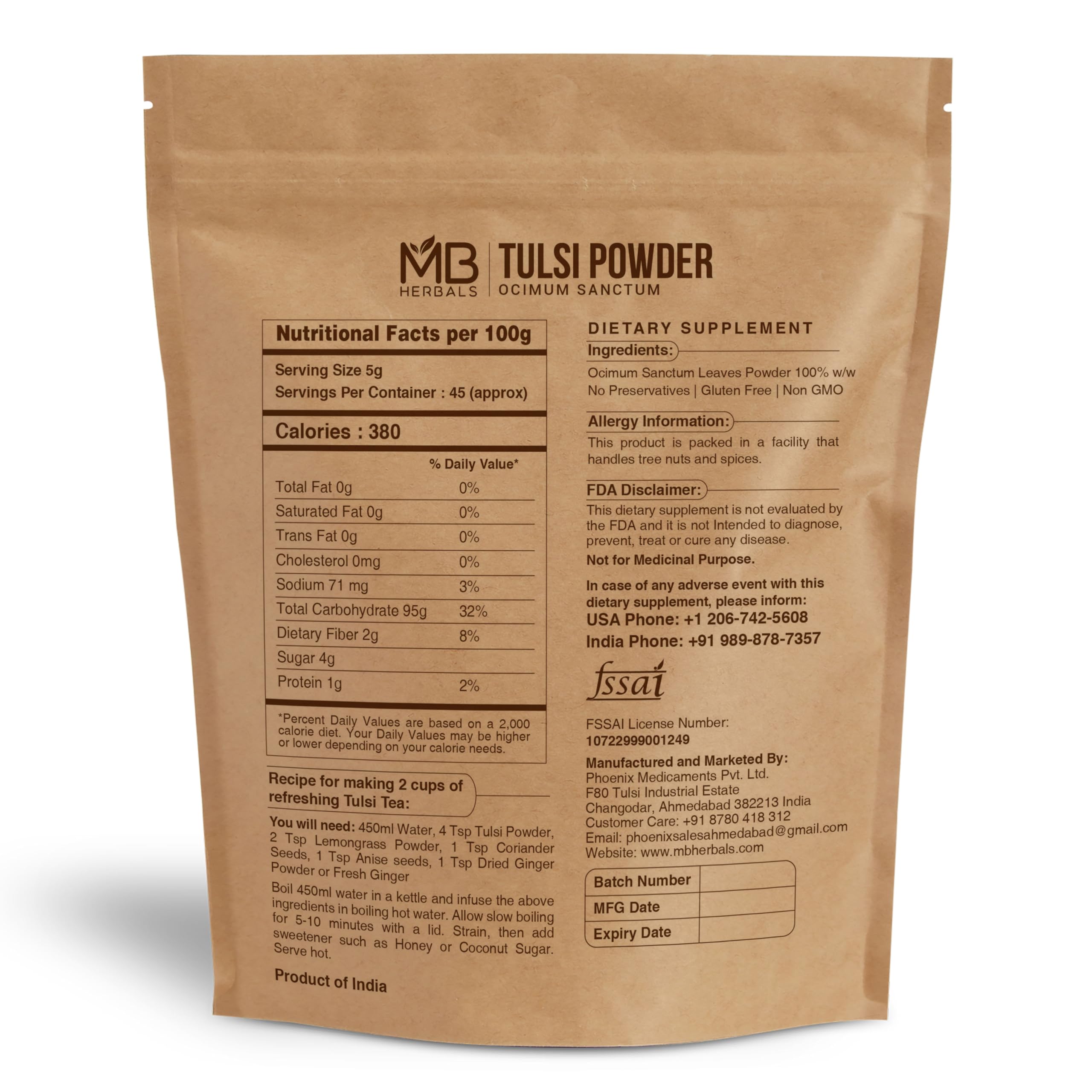 MB Herbals Tulsi Leaf Powder 240g side view with product details