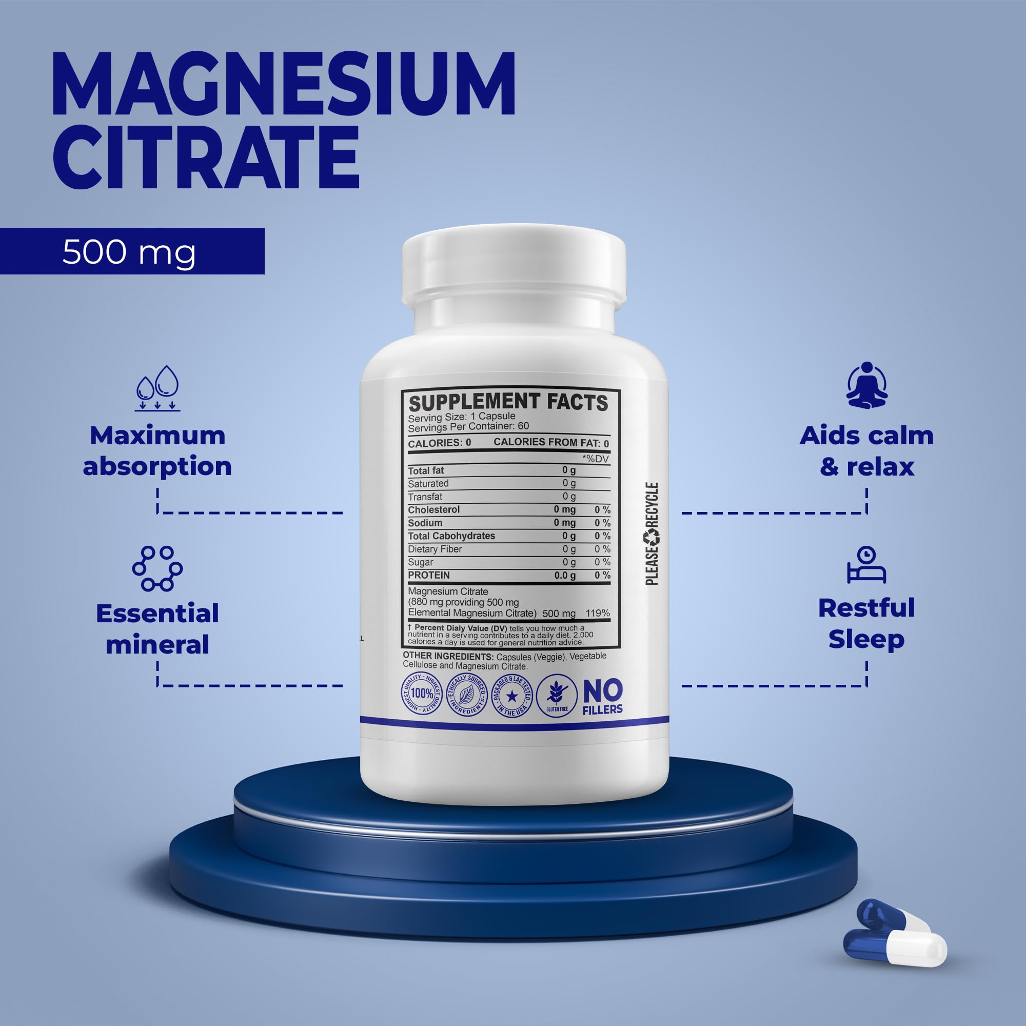 MB One Pharma Magnesium Citrate 500mg side view showing capsule