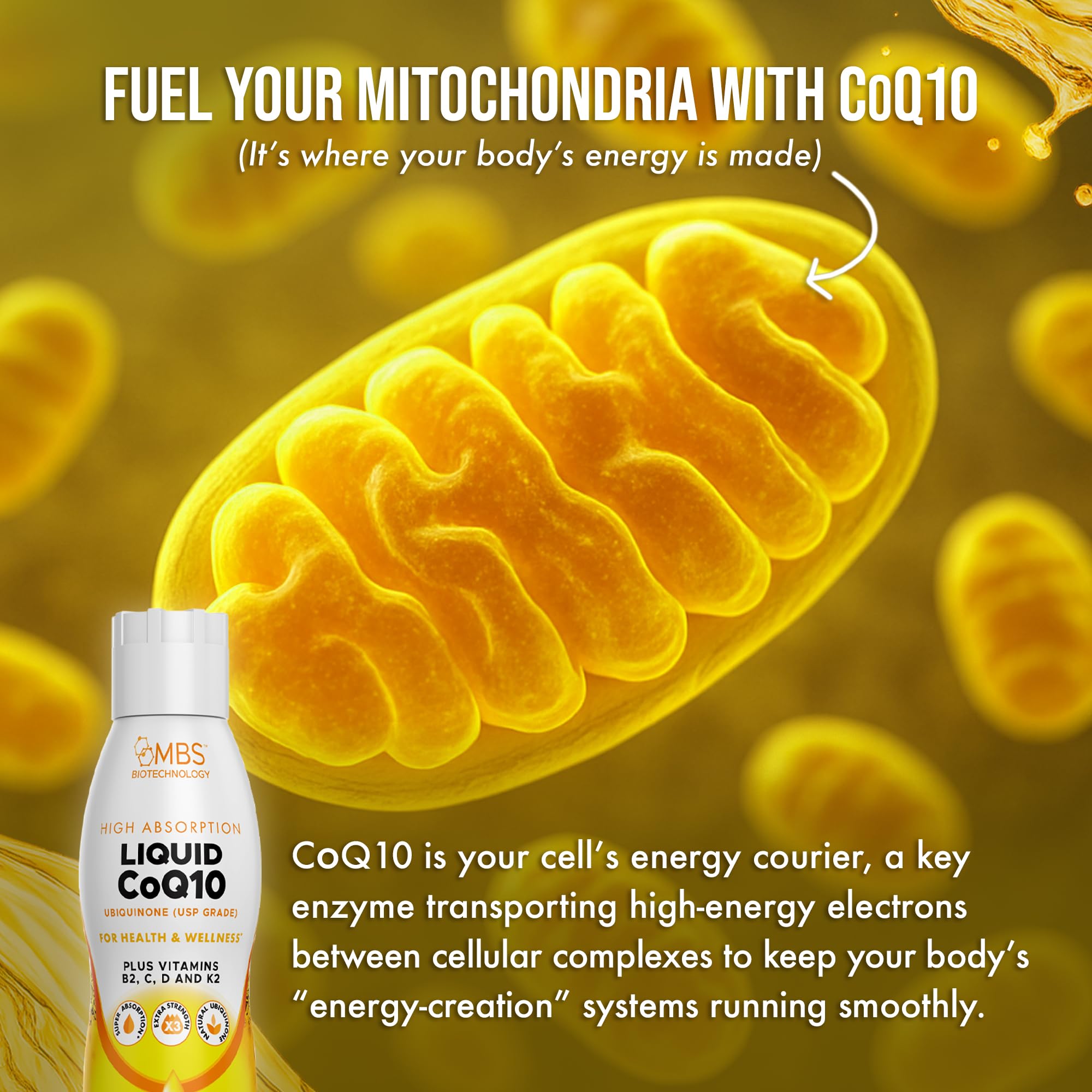 MBS Biotechnology Liquid CoQ10 Supplement 120mg bottle with vitamins
