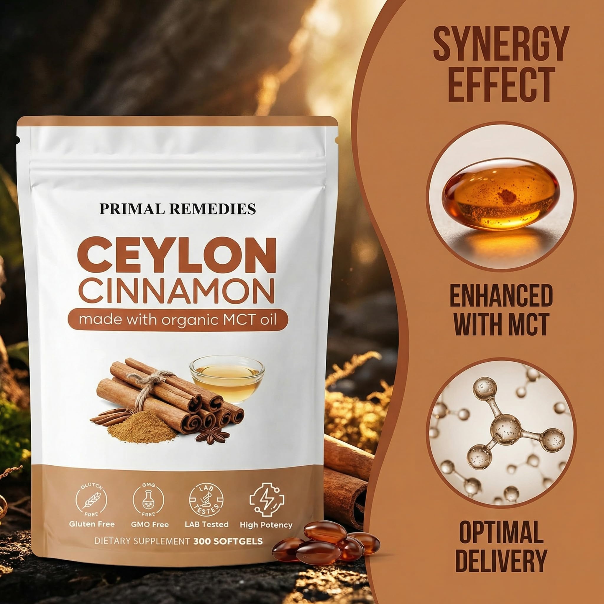 MCArthur Ceylon Cinnamon Liquid Softgels displayed with a glass of water