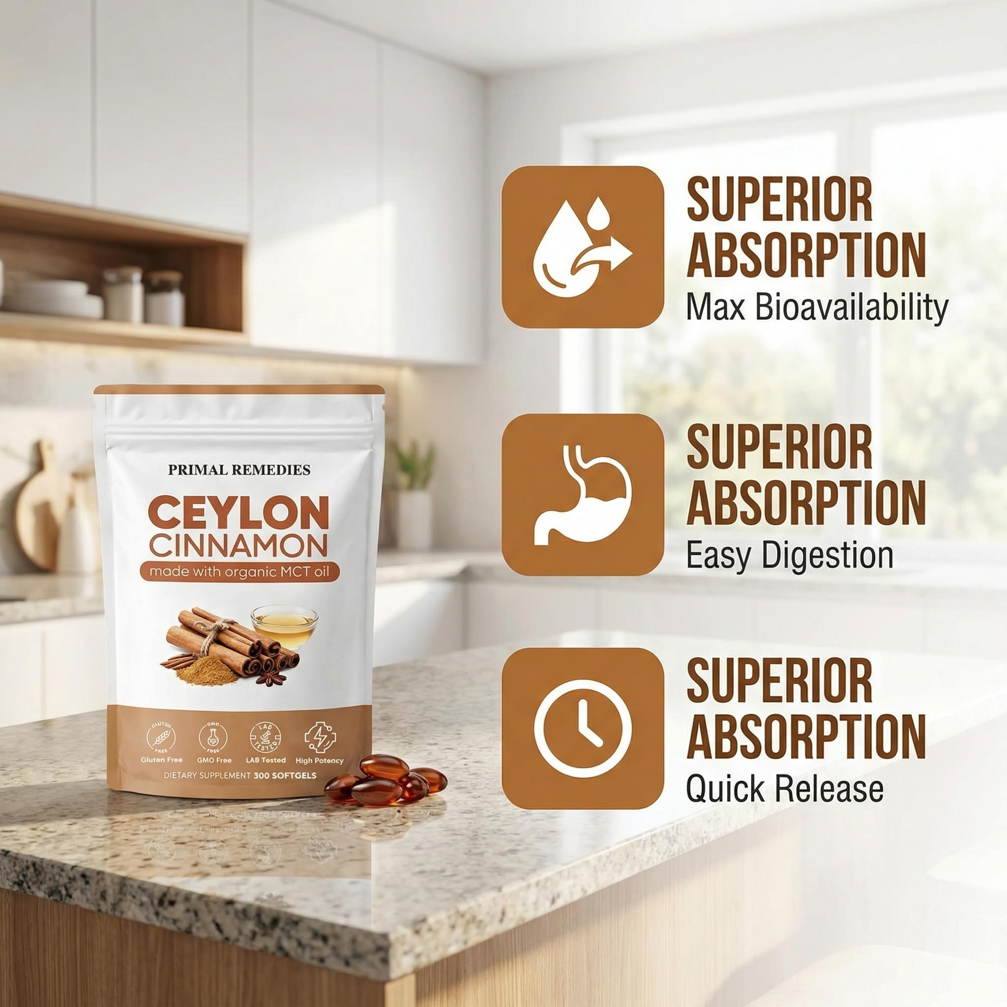 MCArthur Ceylon Cinnamon Liquid Softgels on a wooden table