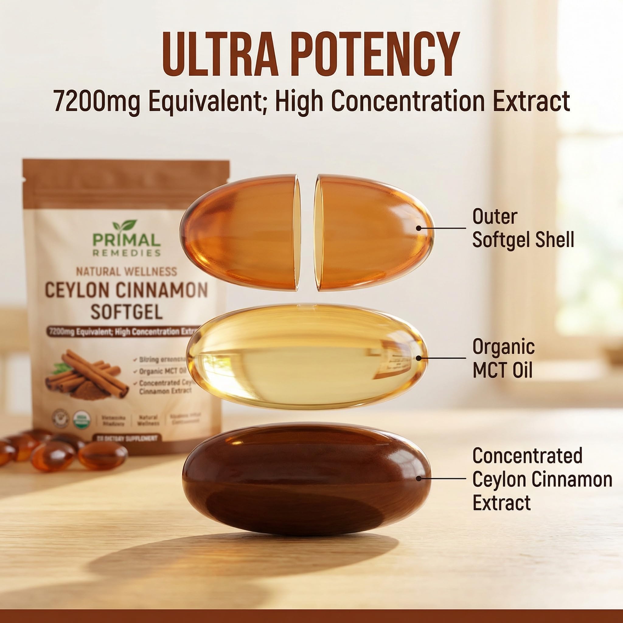 MCArthur Ceylon Cinnamon Liquid Softgels with a measuring spoon