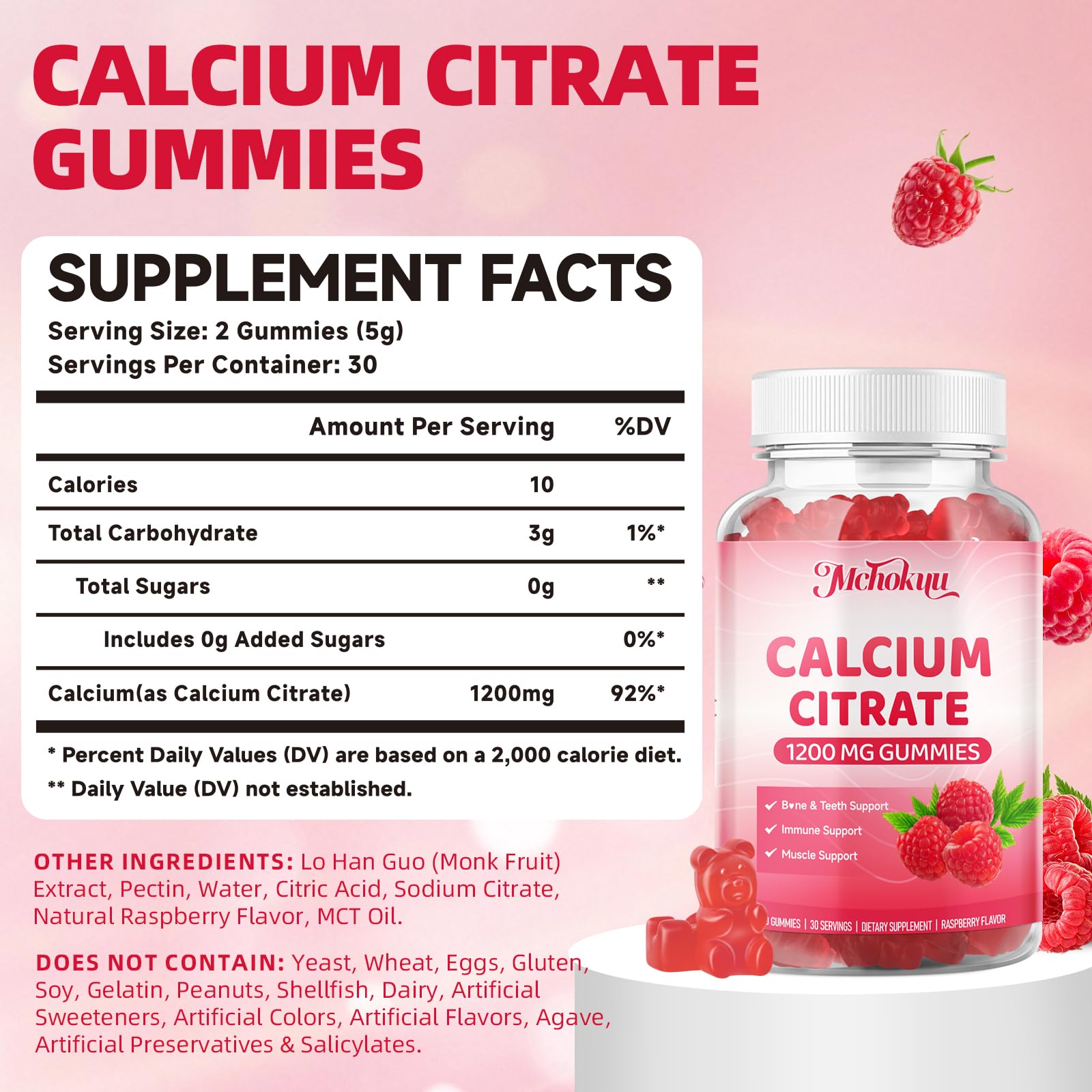 Mchokuu Calcium Citrate Gummies 1200mg raspberry flavour gummies