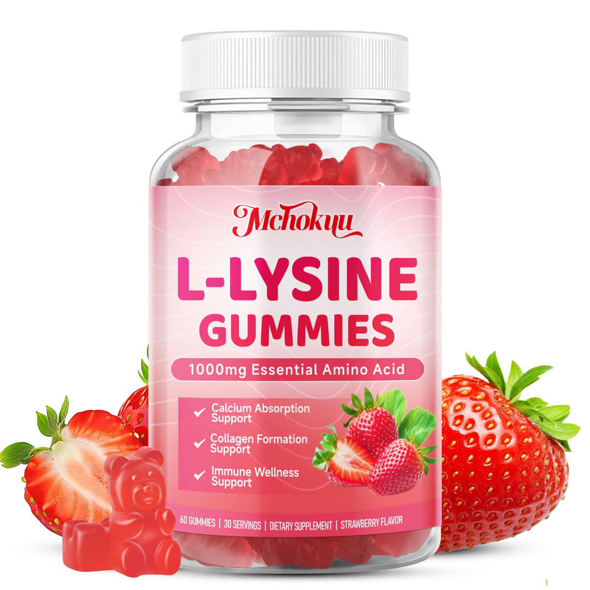 Mchokuu L-Lysine Gummies 1000mg strawberry flavour front view