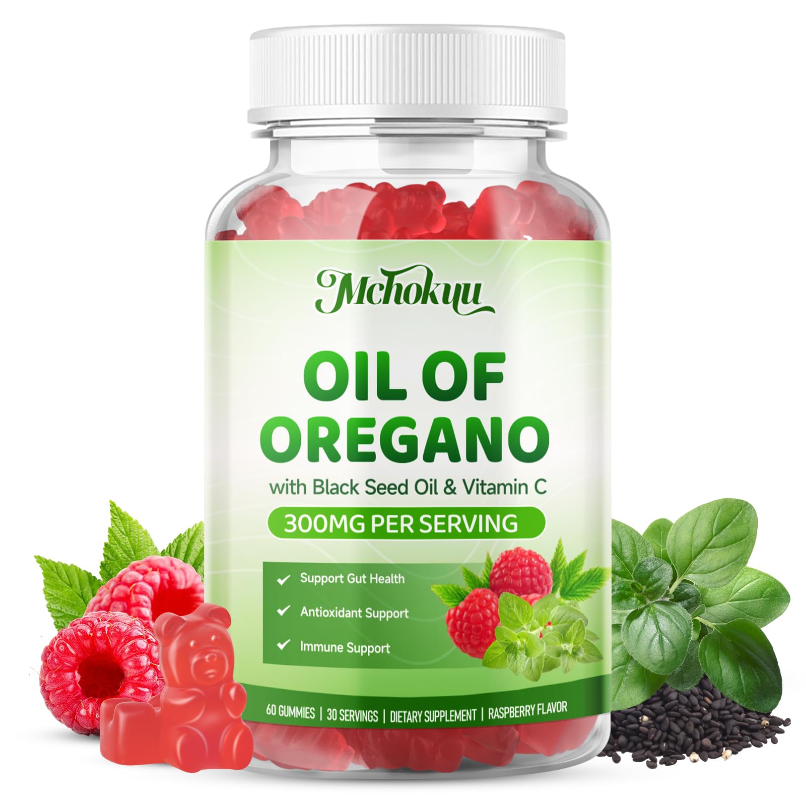 Mchokuu Oregano Oil & Black Seed Oil Gummies open bottle with gummies