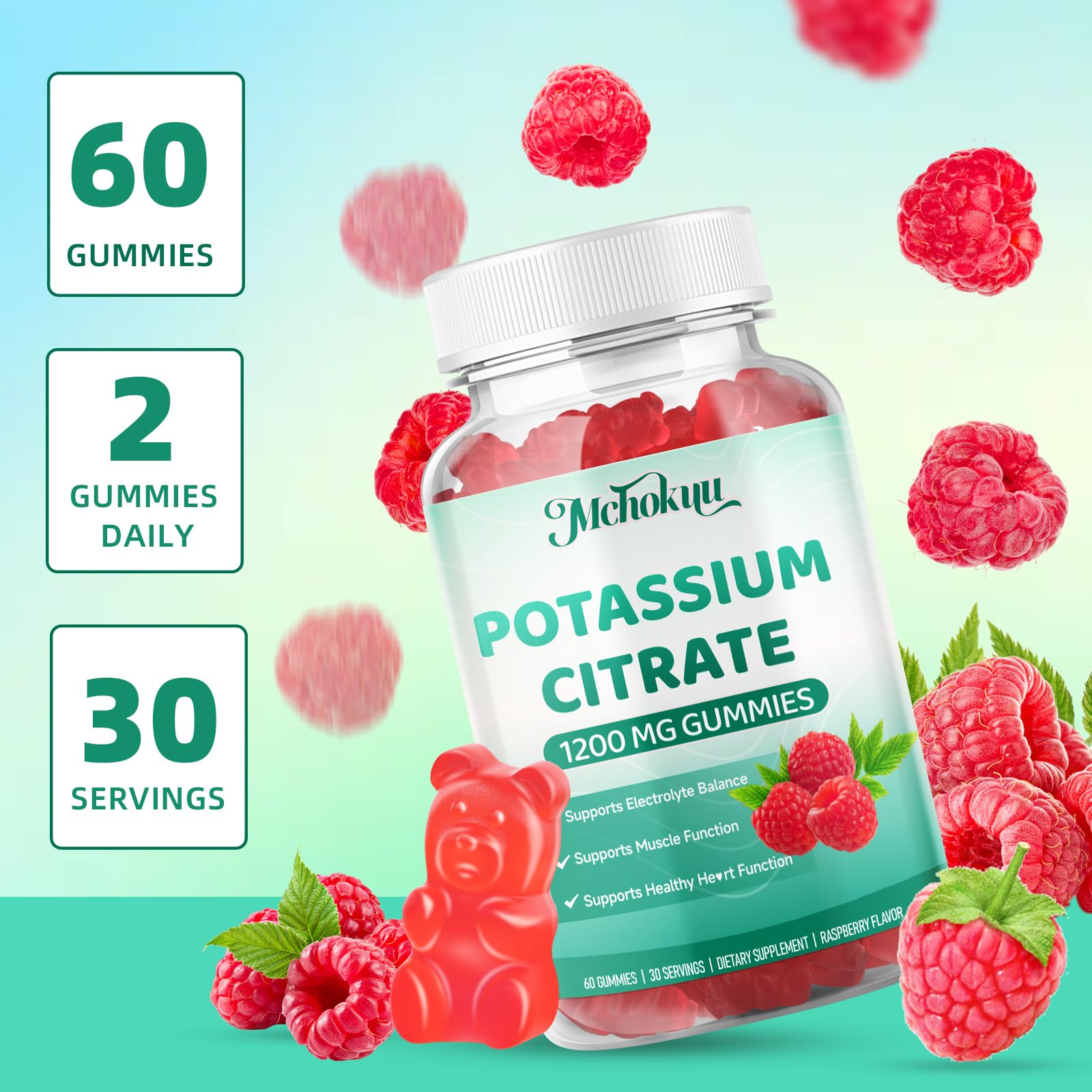 Mchokuu Potassium Citrate Gummies with fresh raspberries
