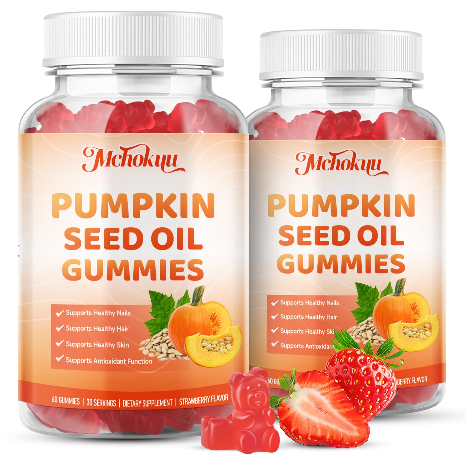 Mchokuu Pumpkin Seed Oil Gummies displayed with fresh pumpkin seeds