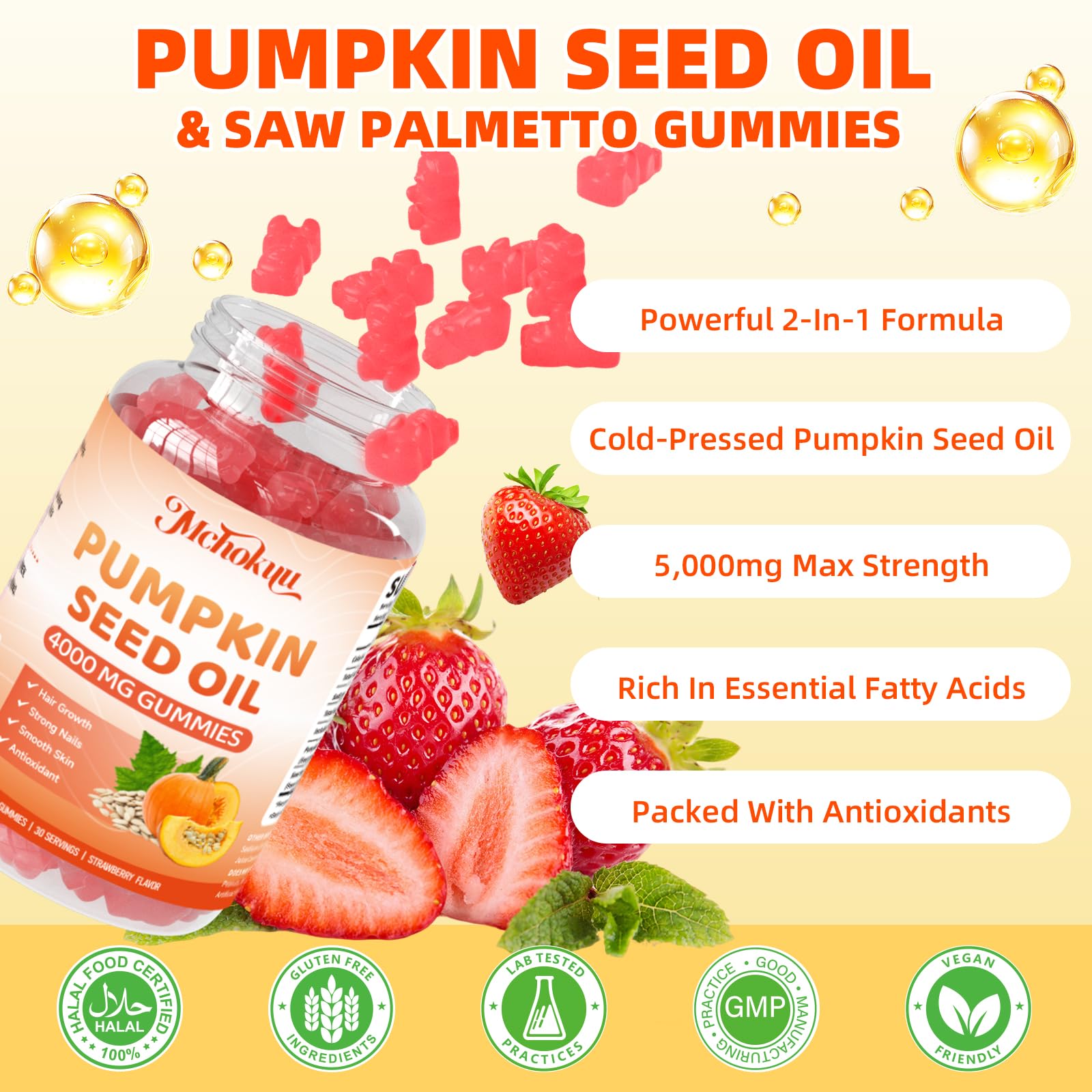 Mchokuu Pumpkin Seed Oil Gummies in a hand for size reference