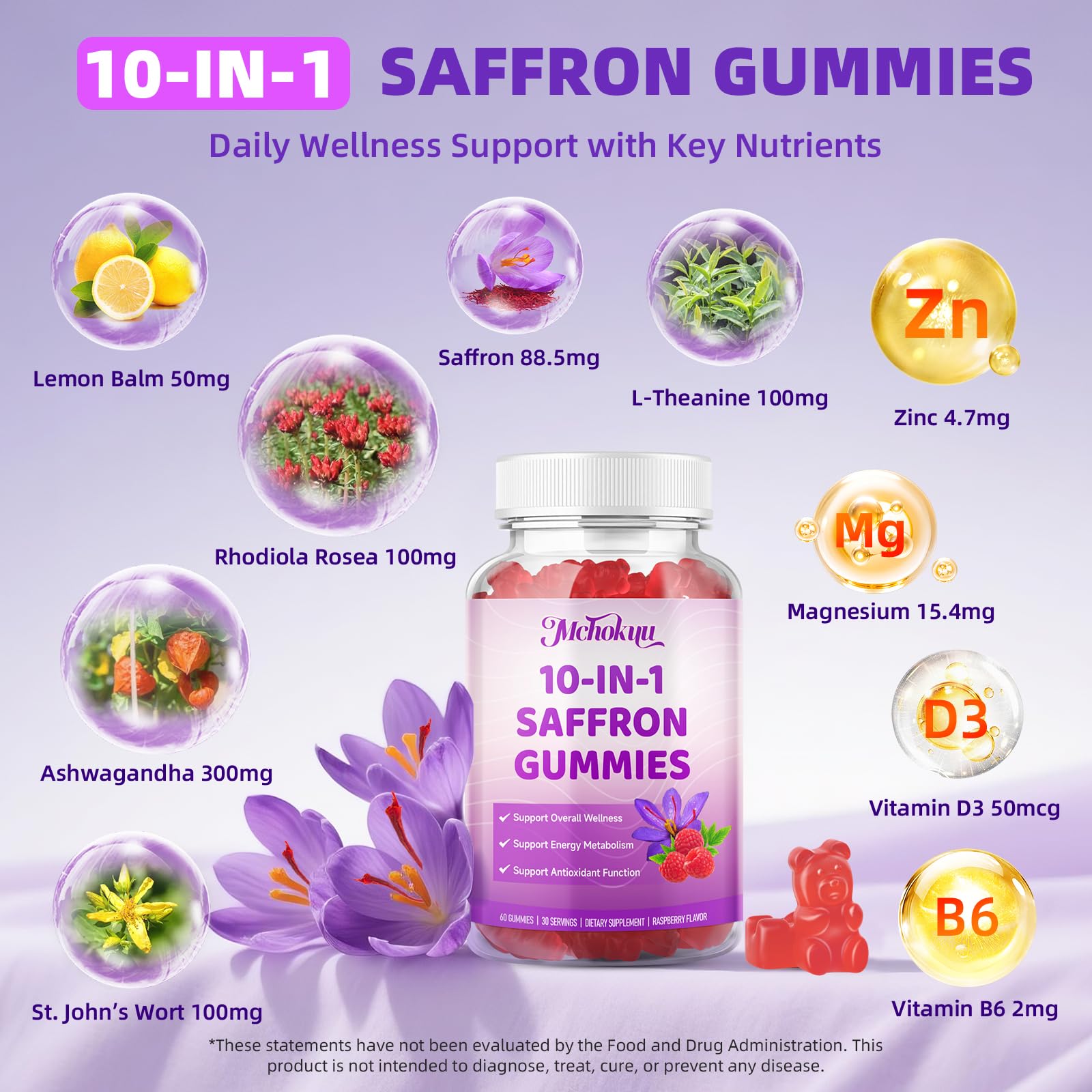 Mchokuu Saffron Gummies ingredients list on packaging
