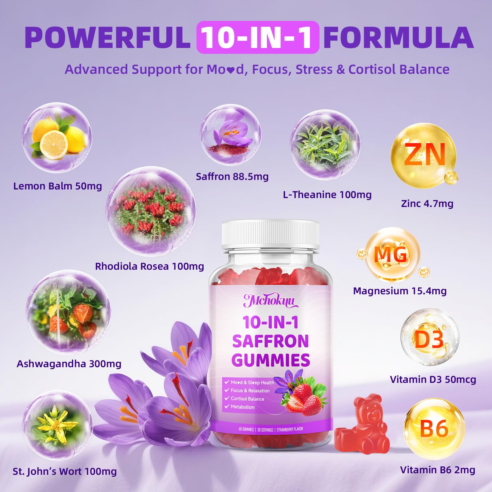 Mchokuu Saffron Gummies side view with nutritional information