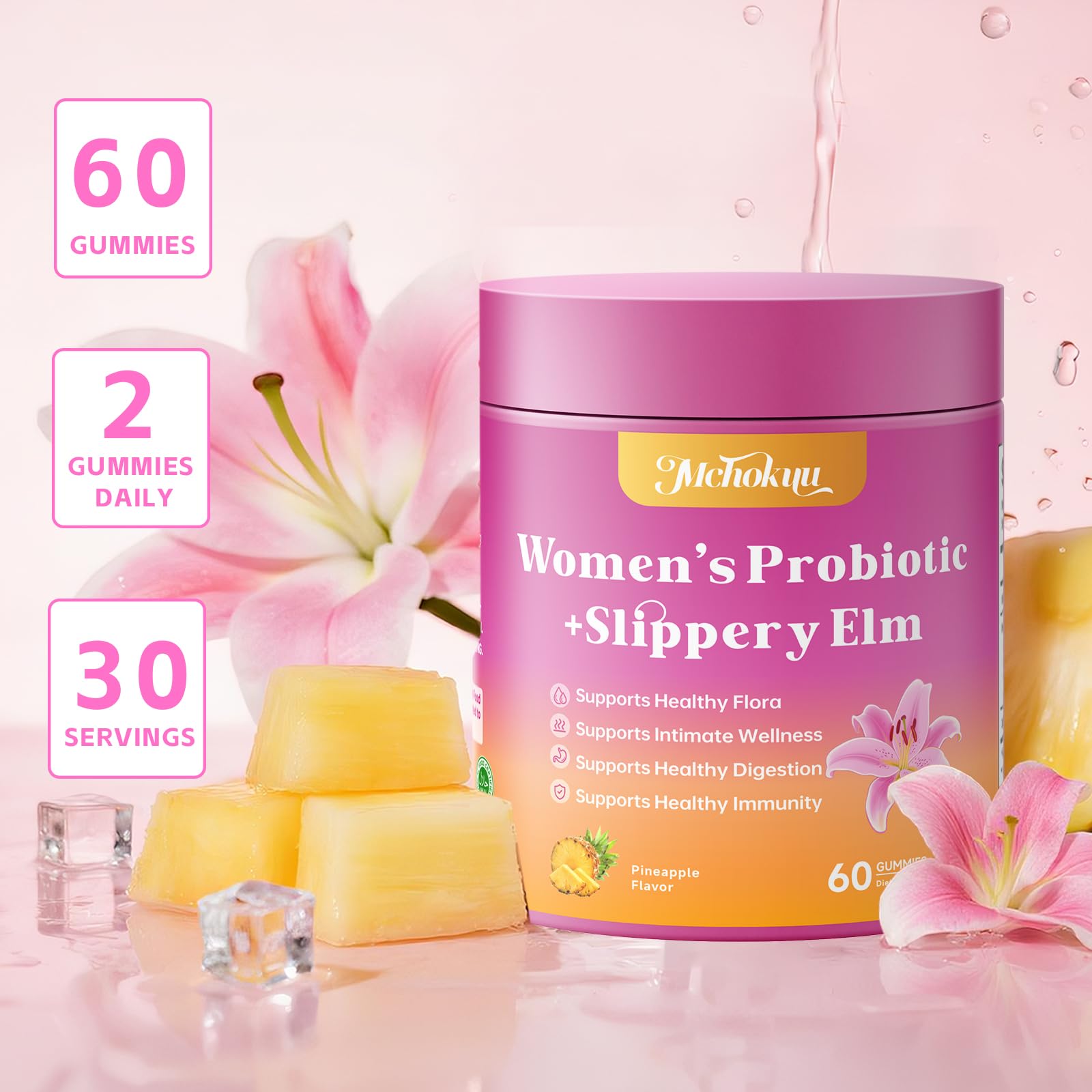 Mchokuu Slippery Elm Gummies for Women with a measuring spoon