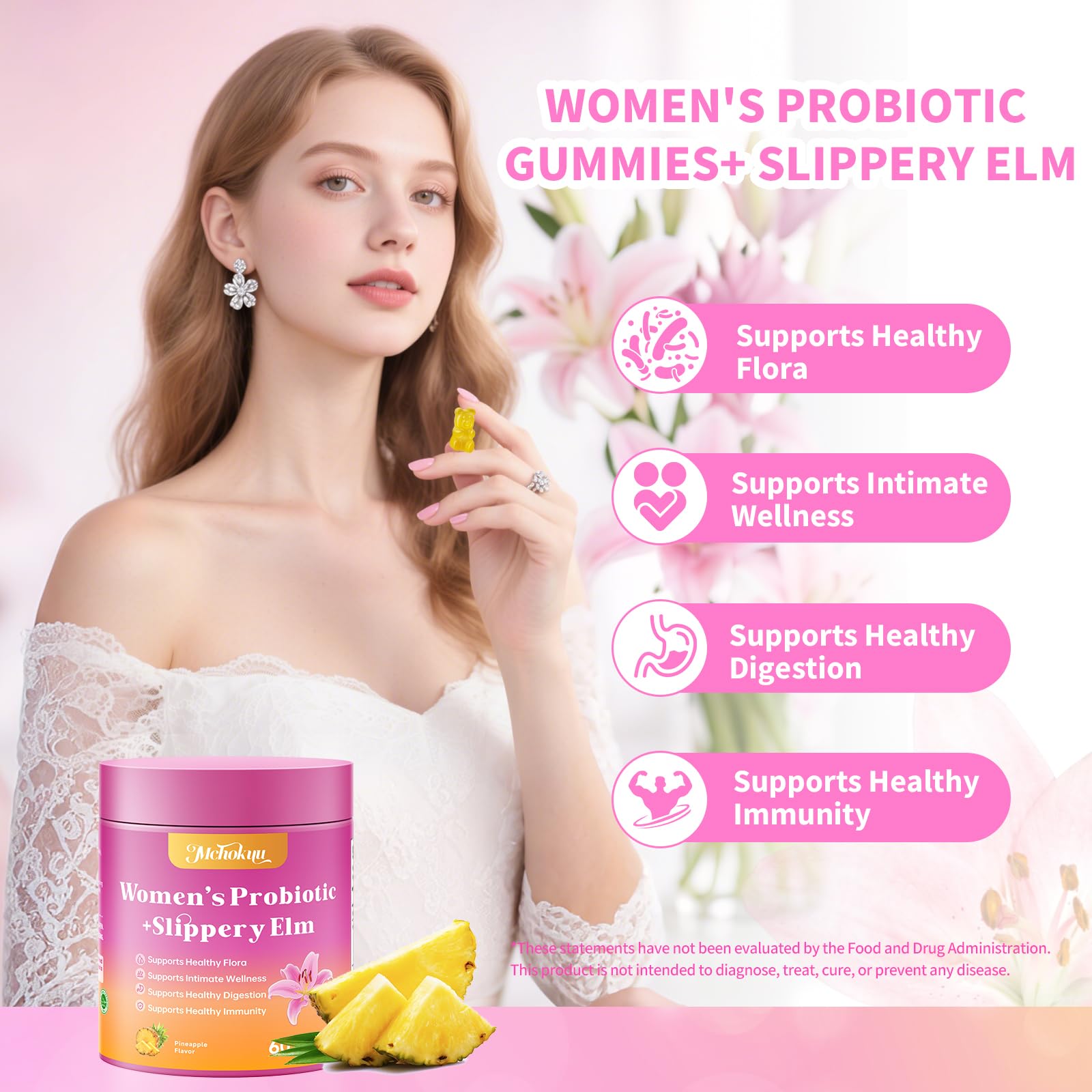 Mchokuu Slippery Elm Gummies for Women with gummies on a table