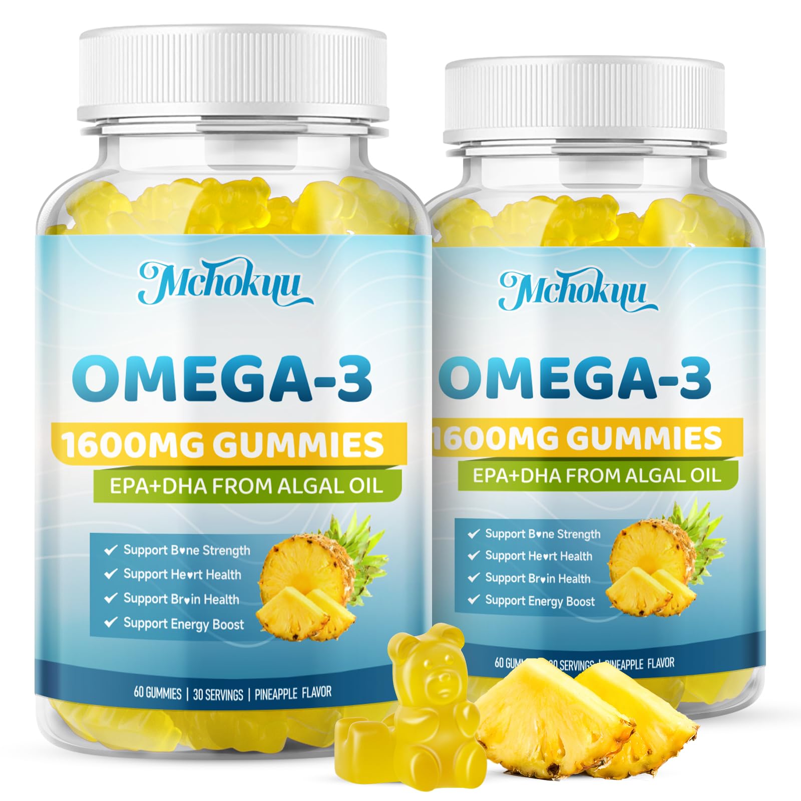 Mchokuu Vegan Omega-3 Gummies front view with pineapple flavour