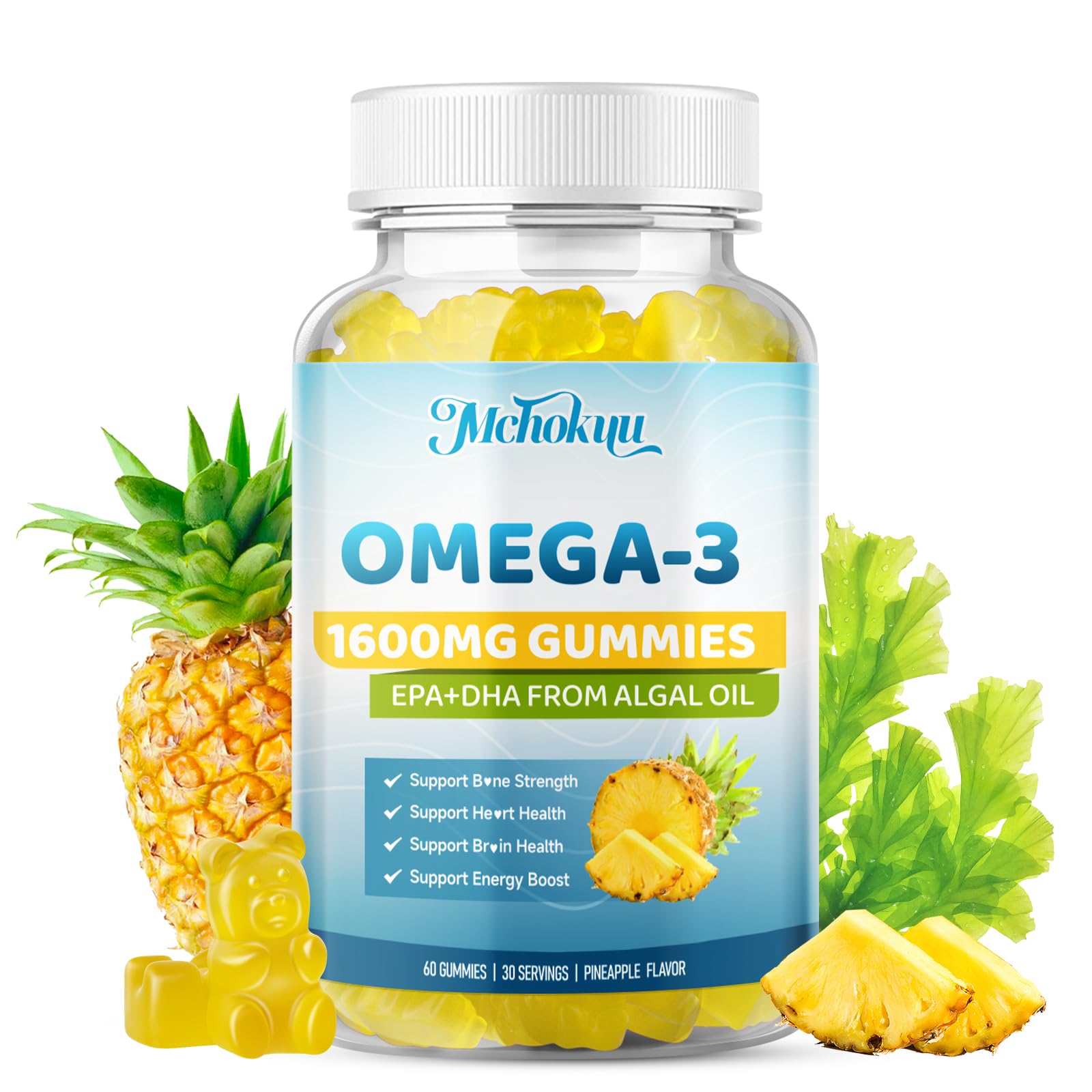 Mchokuu Vegan Omega-3 Gummies packaging on a kitchen counter