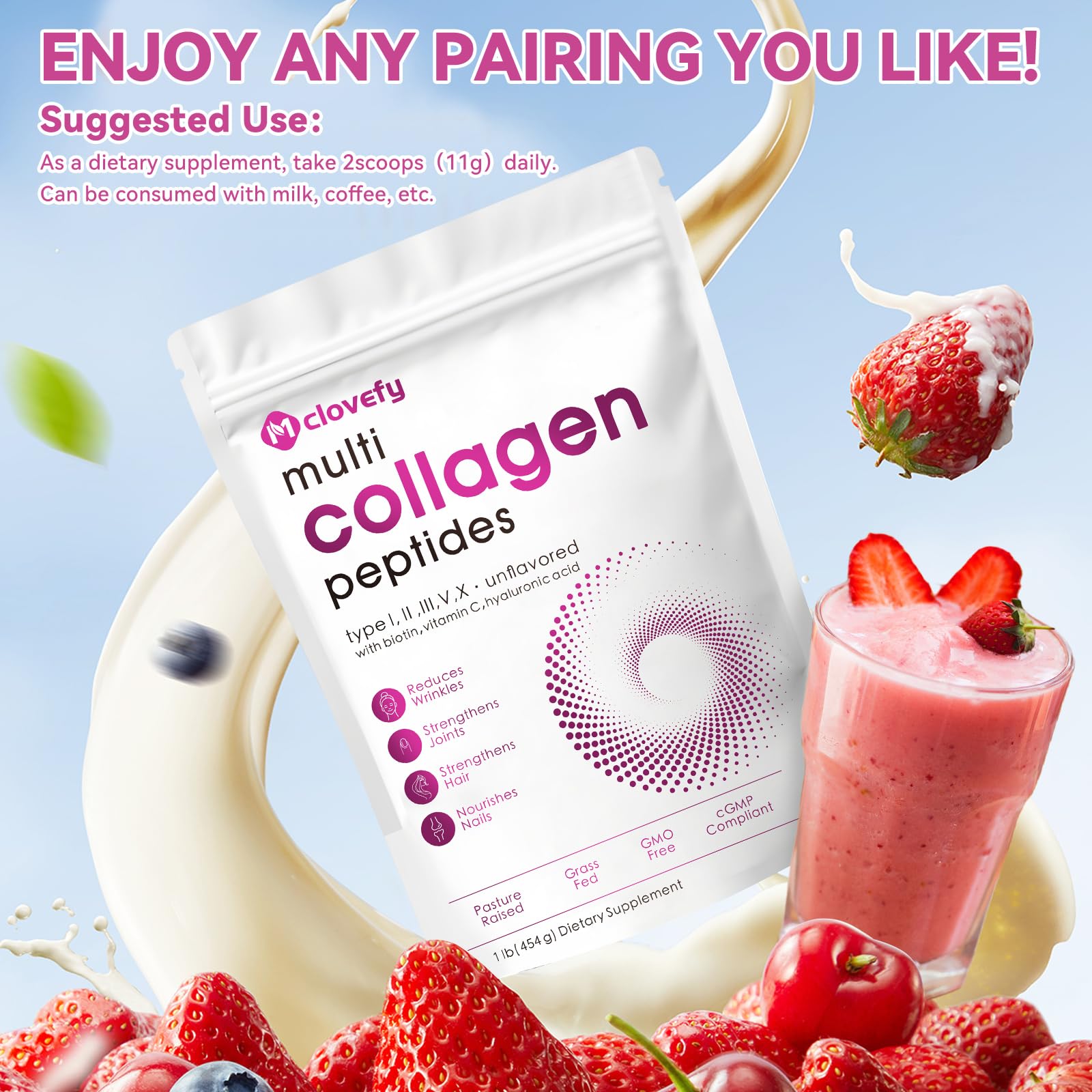 Mclovefy Multi Collagen Peptides Powder scoops beside a measuring spoon