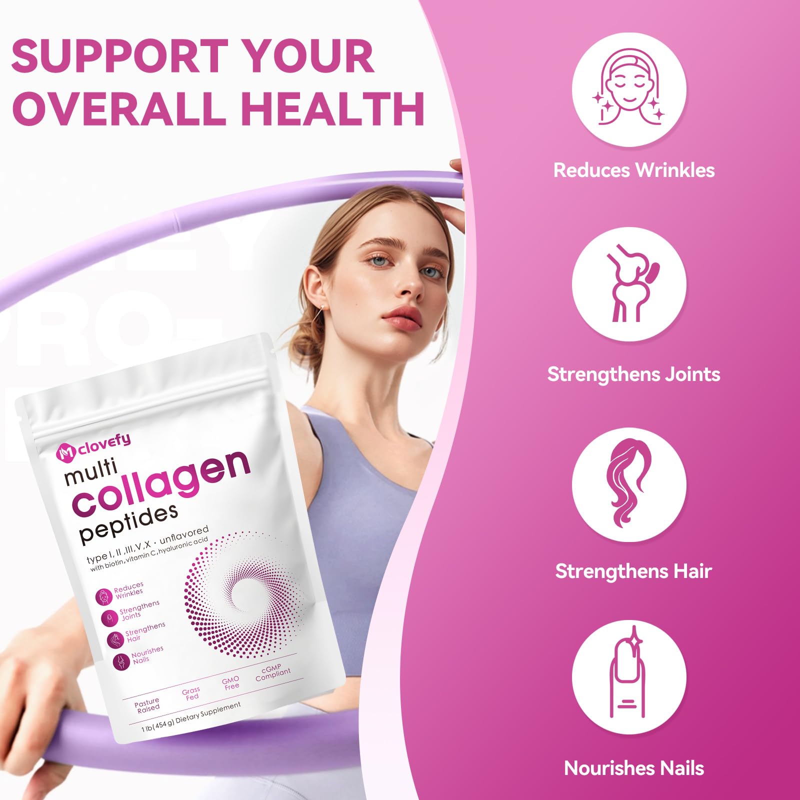Mclovefy Multi Collagen Peptides Powder scoops on a wooden table