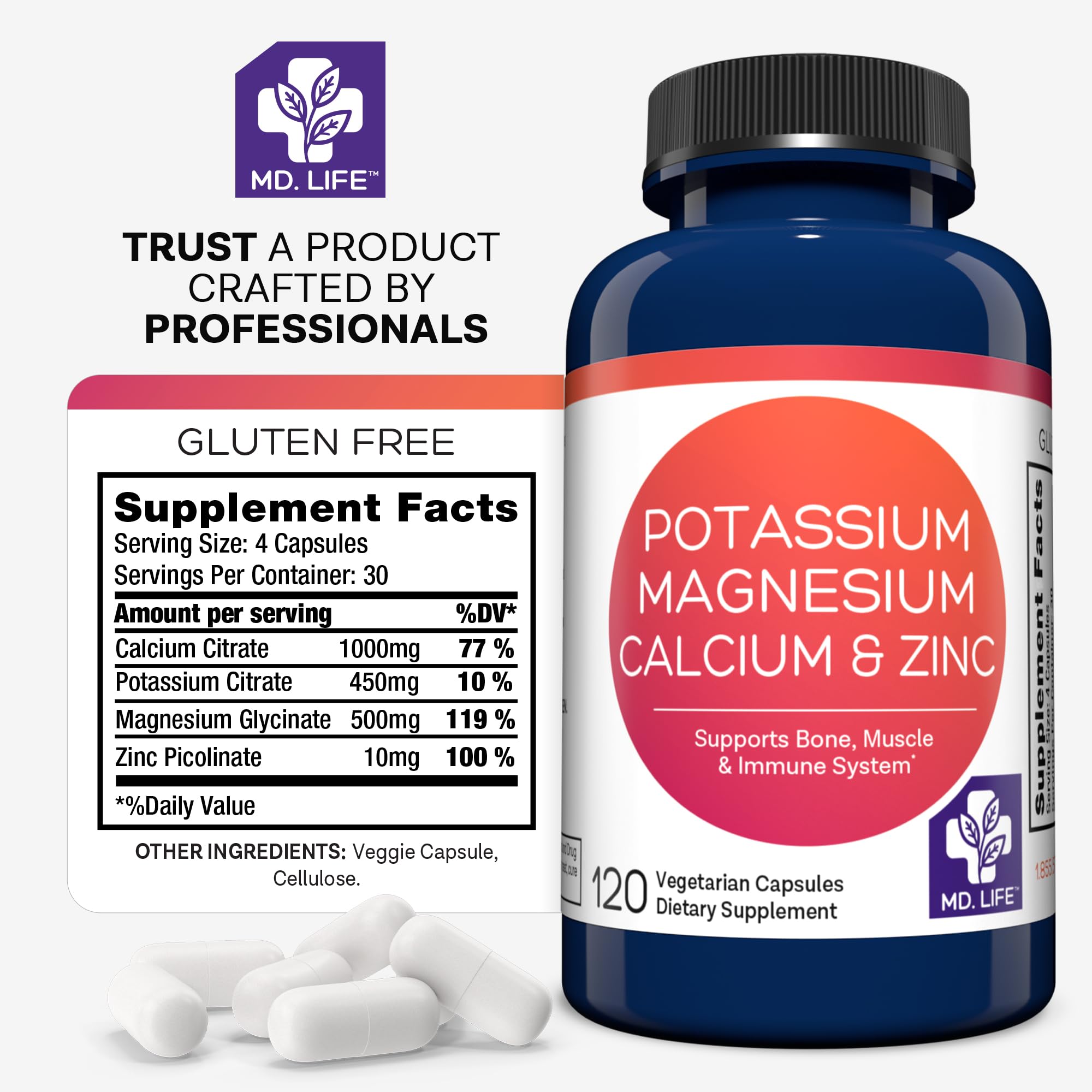 MD.LIFE Calcium Potassium Magnesium Zinc Supplement on a wooden table