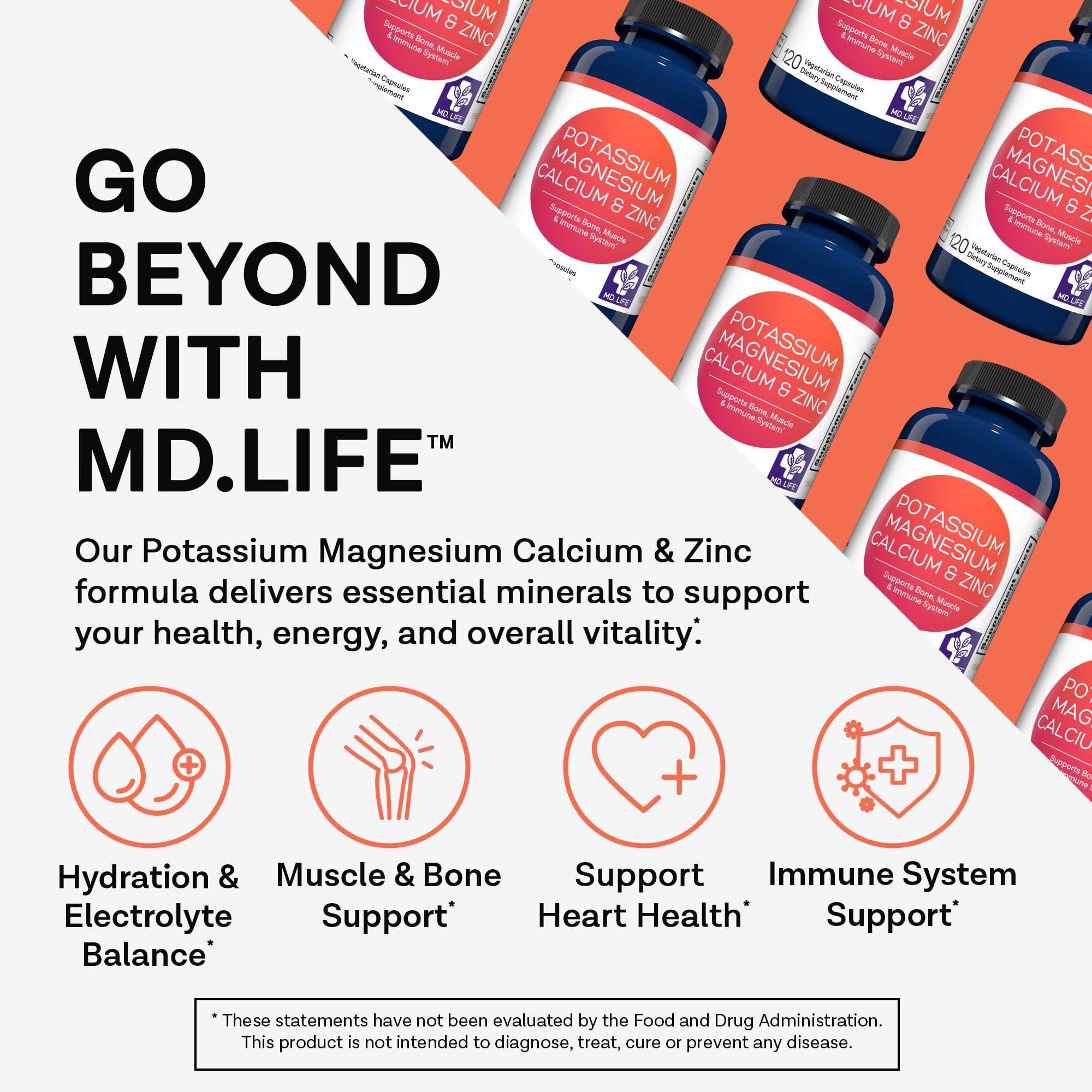 MD.LIFE Calcium Potassium Magnesium Zinc Supplement side view