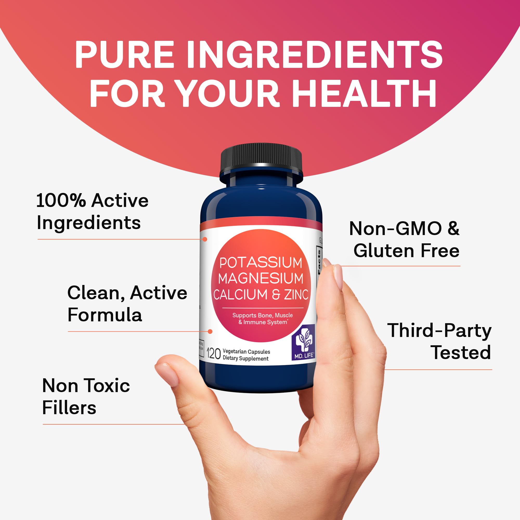 MD.LIFE Calcium Potassium Magnesium Zinc Supplement with measuring spoon