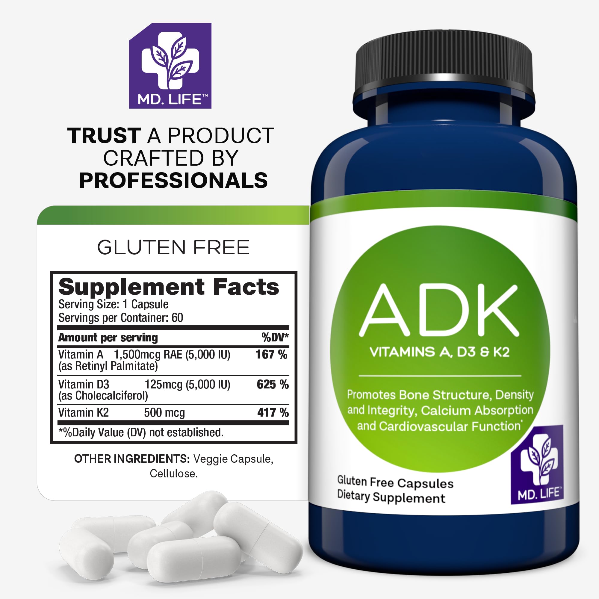 MD.LIFE High Potency Vitamin ADK Supplement bottle with a measuring spoon