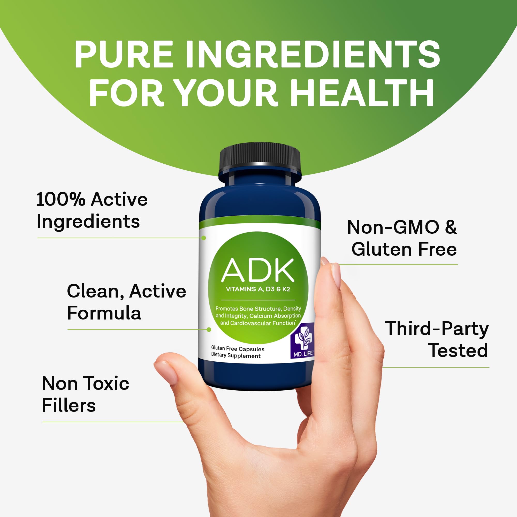 MD.LIFE High Potency Vitamin ADK Supplement lifestyle scene with a glass of water